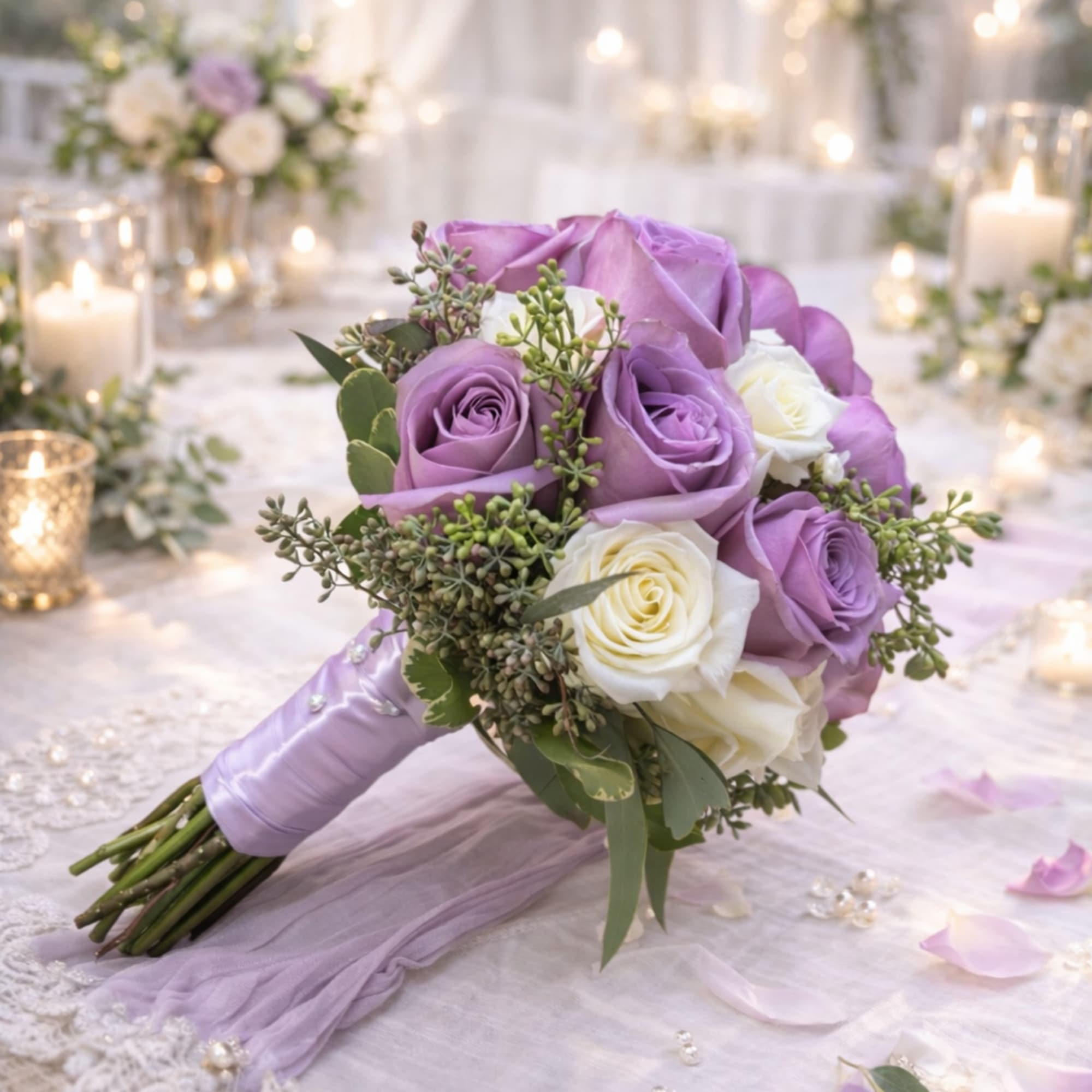 Lavender Skies features soft lavender and white roses accented with seeded eucalyptus