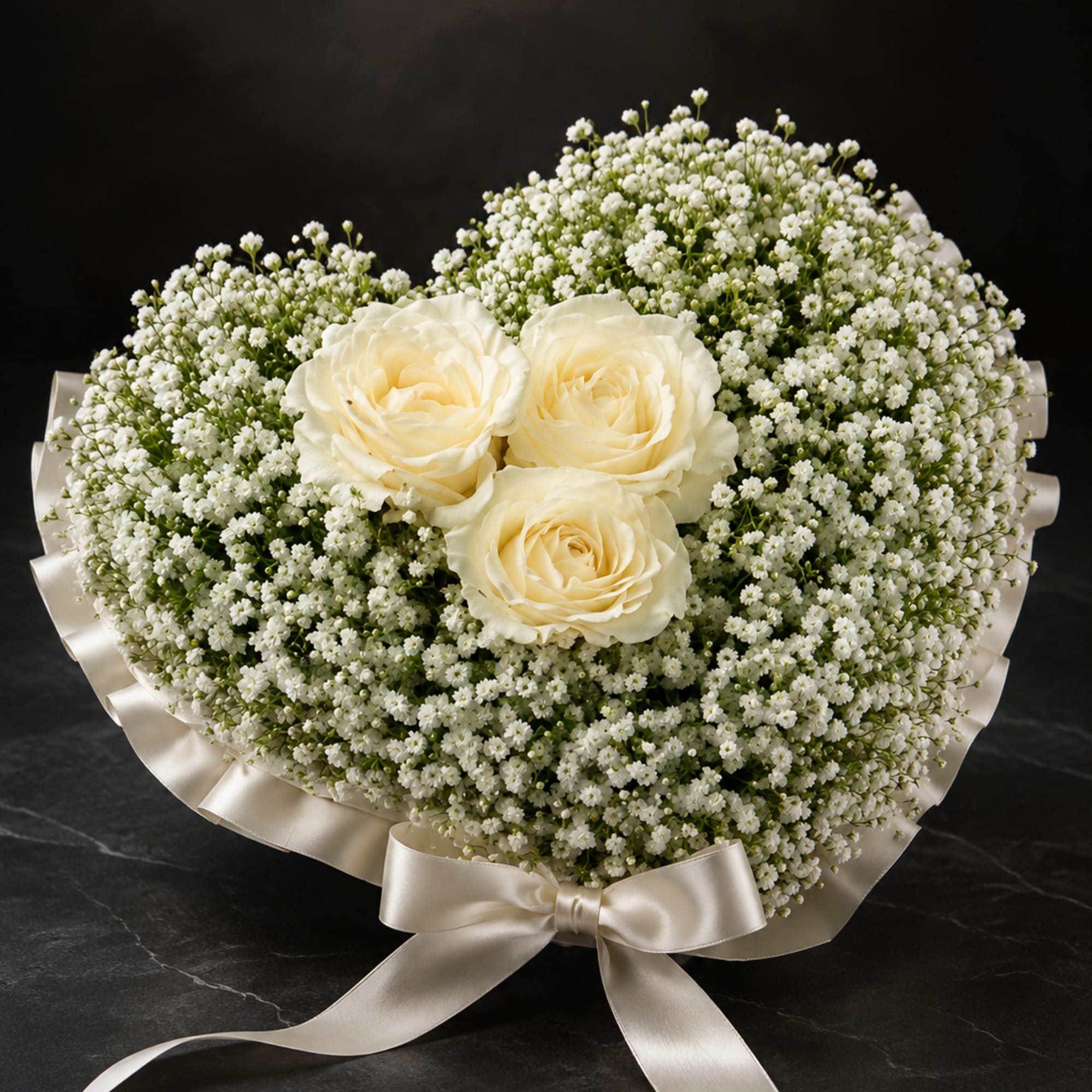 Three cream-white roses sit at the heart of a full, rounded dome