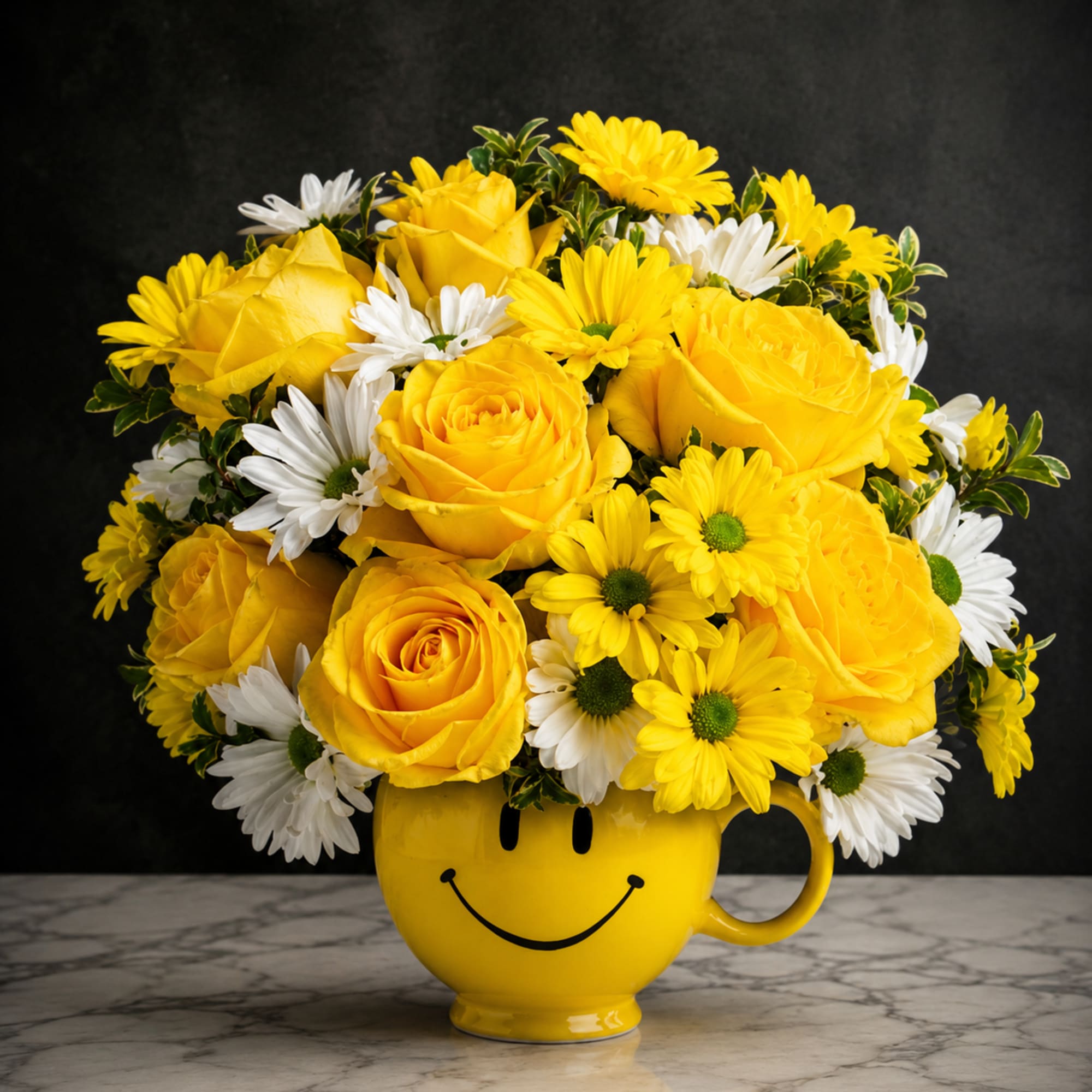 Bright yellow roses and cheerful white-and-yellow daisies mingle in a compact, casual