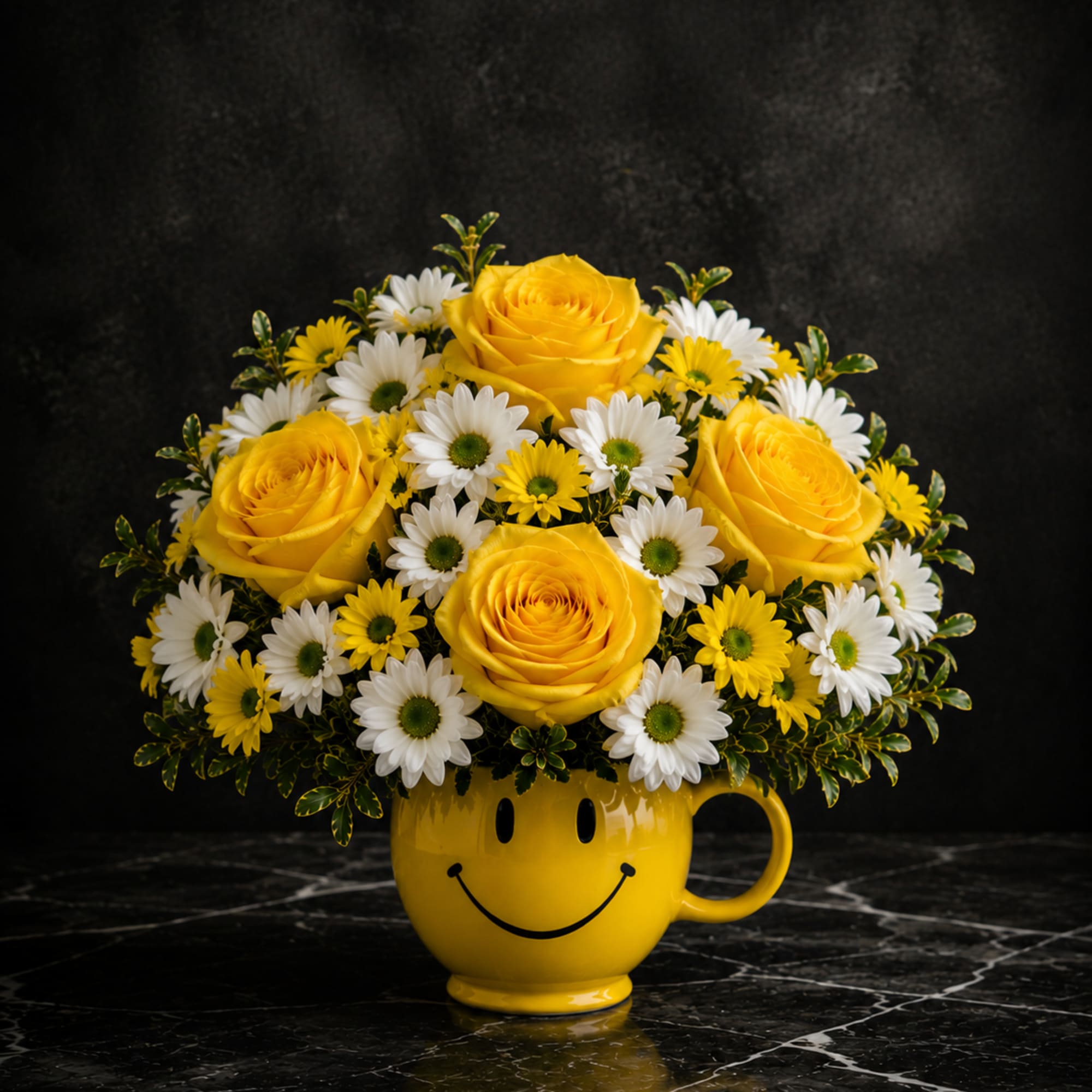 Bright yellow roses and cheerful white-and-yellow daisies mingle in a compact, casual
