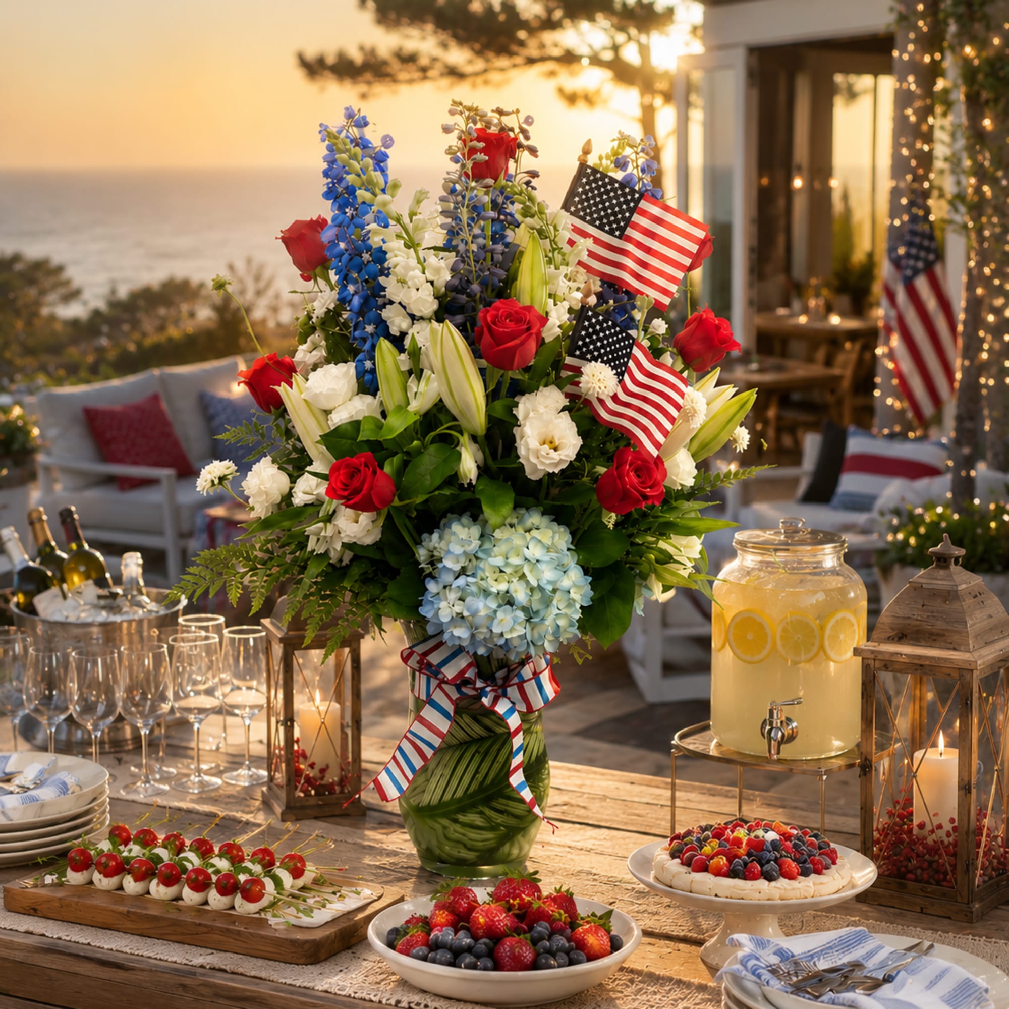 This Tall and Showy Patrioctic themed arrangment is sure to be a