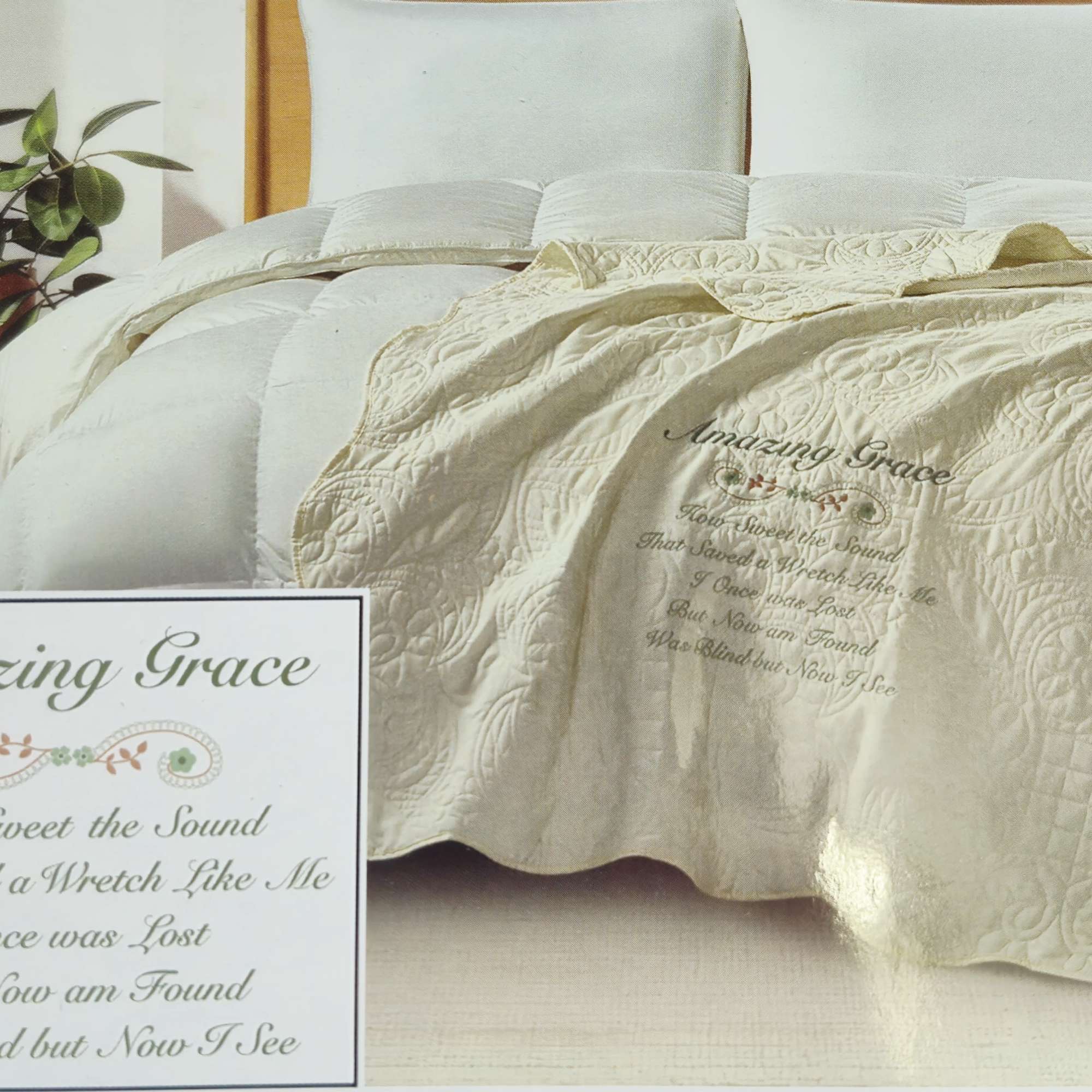 A soft cream quilted coverlet accented with subtle embossed floral motifs sets