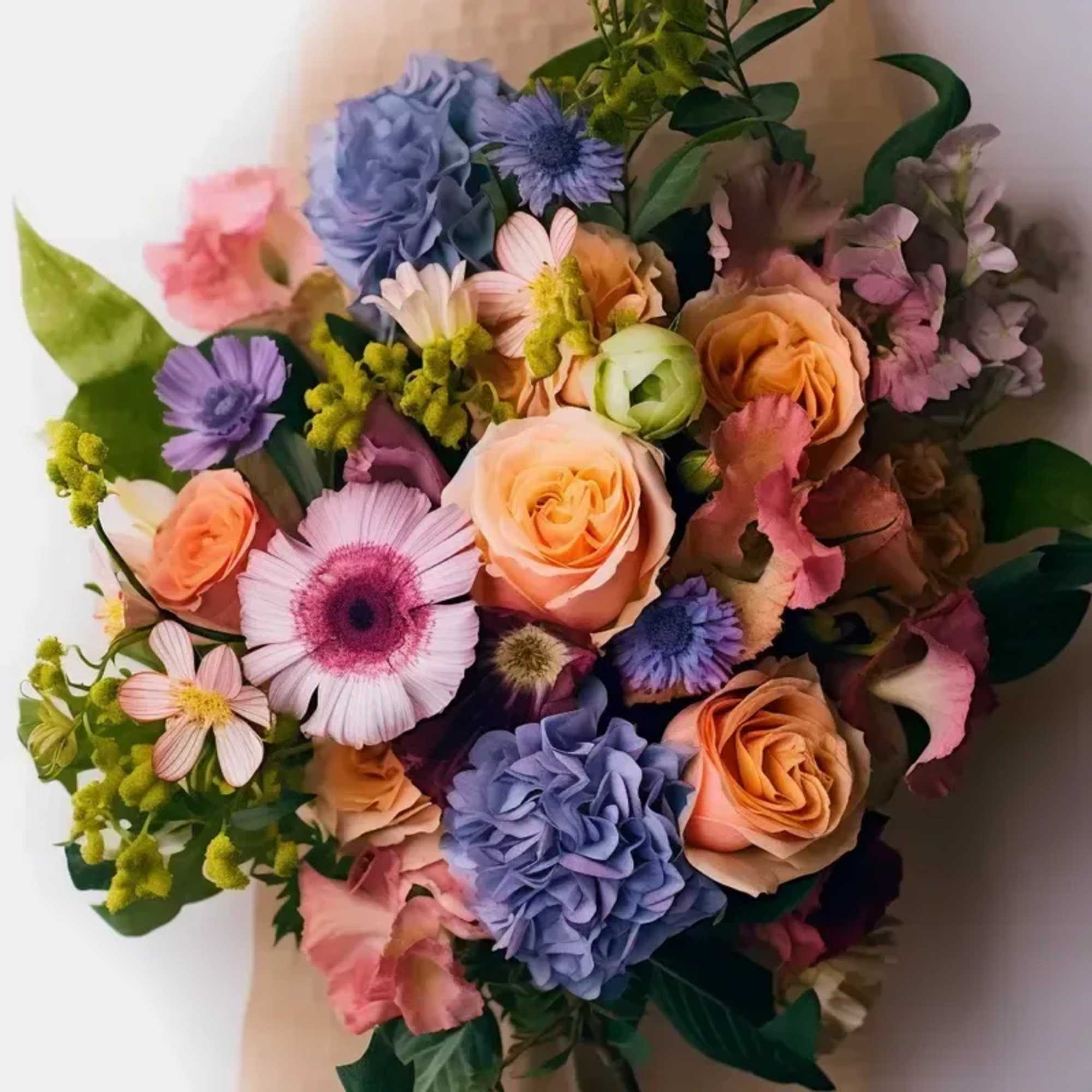 An arrangement of seasonal blooms wrapped in floral paper with ribbon. PLEASE