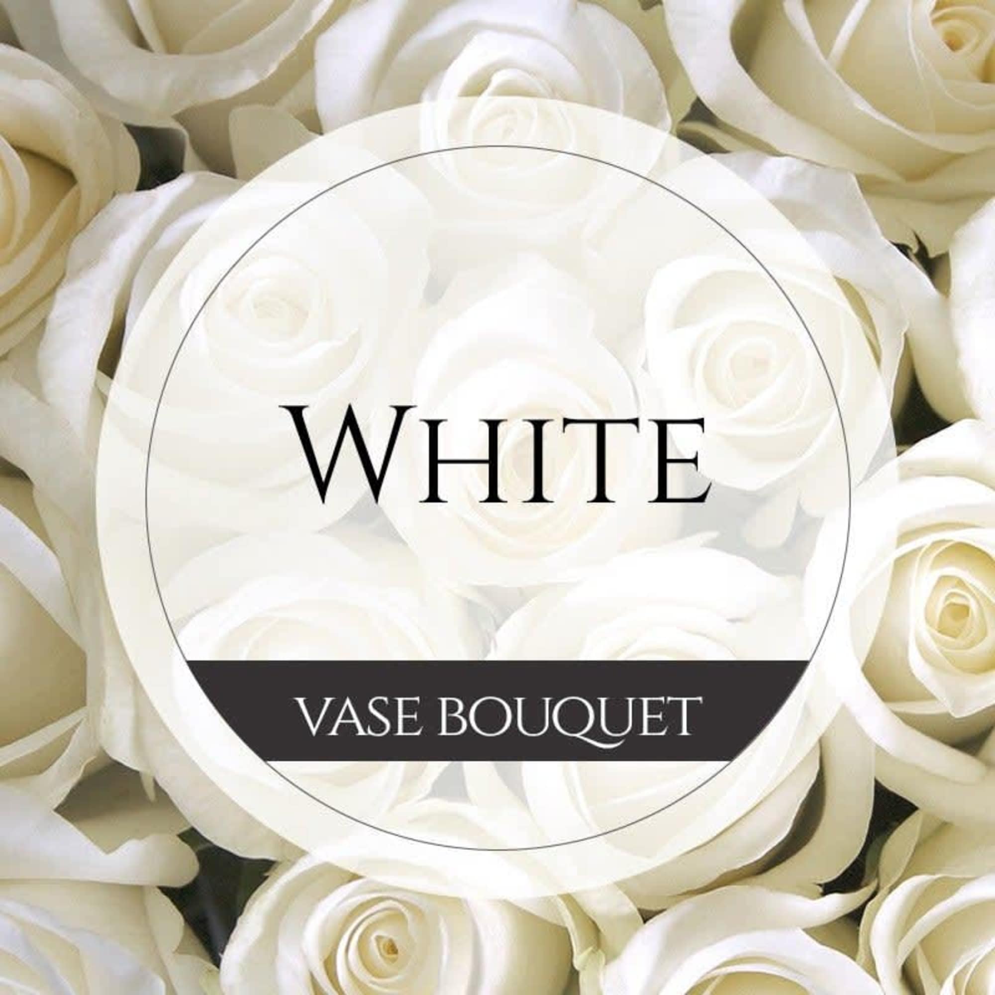 White rose bouquet with a label reading "WHITE VASE BOUQUET"