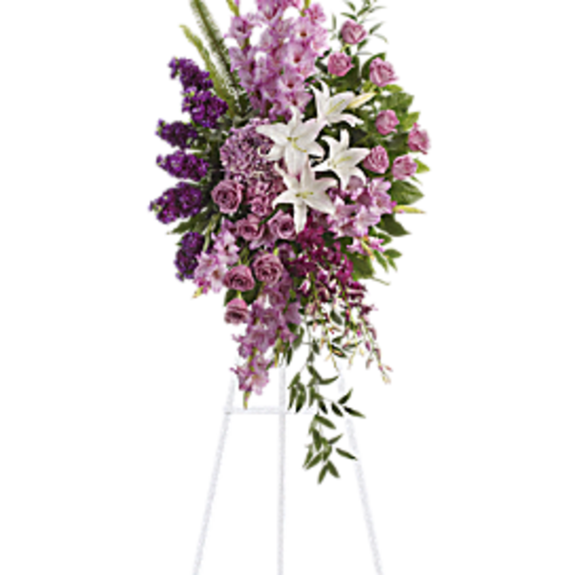 Tall purple and white floral standing spray on a white easel