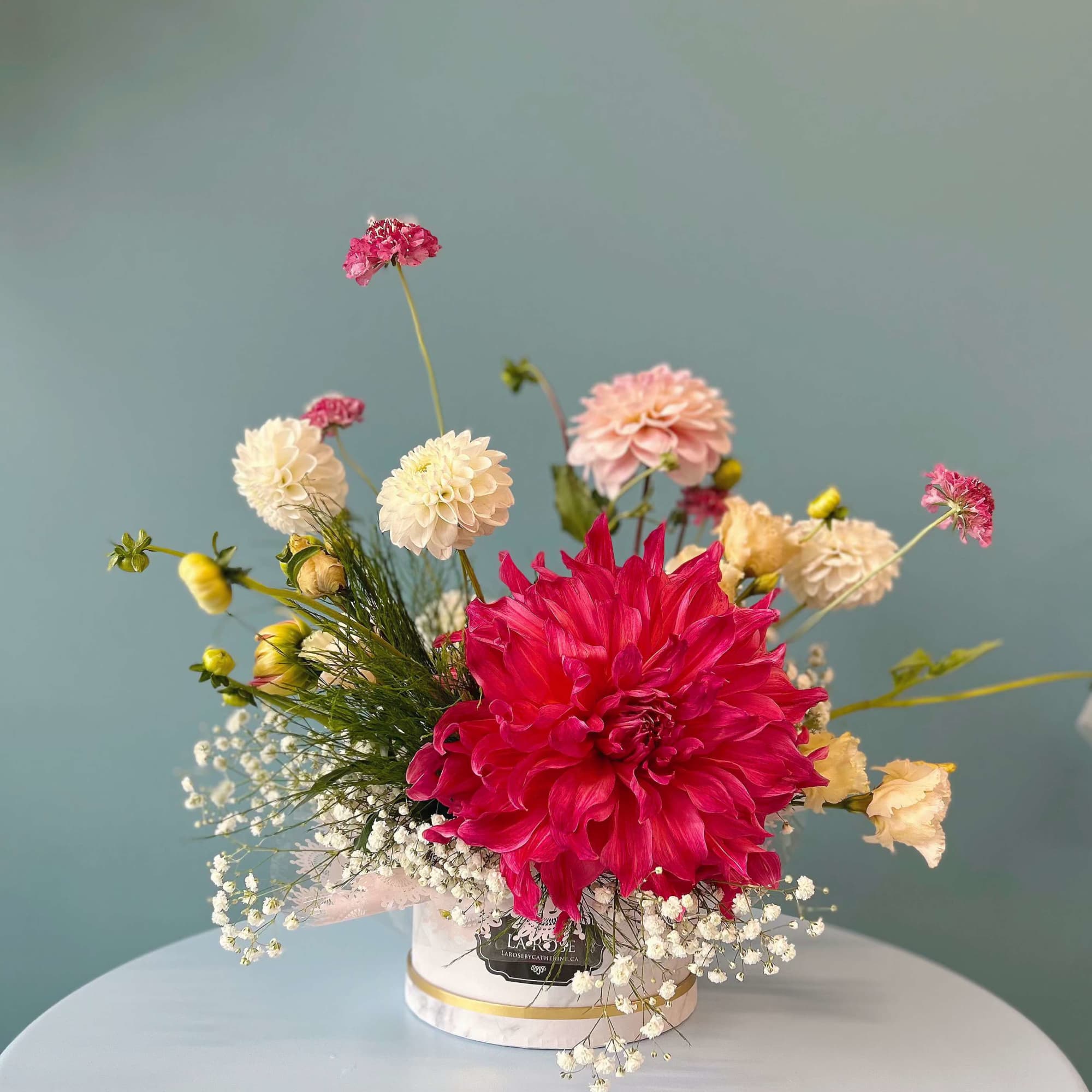 Bright pink dahlia arrangement in a white box with small white filler flowers