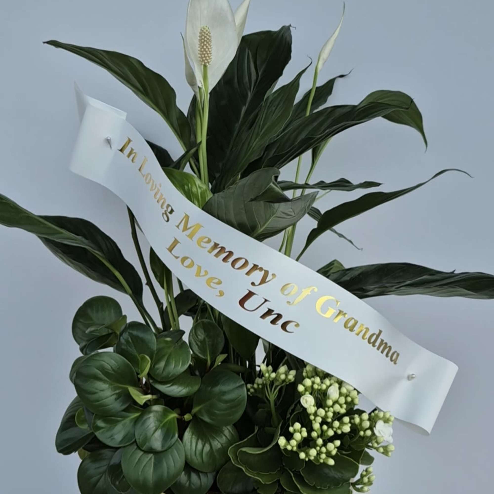Green plant arrangement with white peace lilies and a memorial ribbon