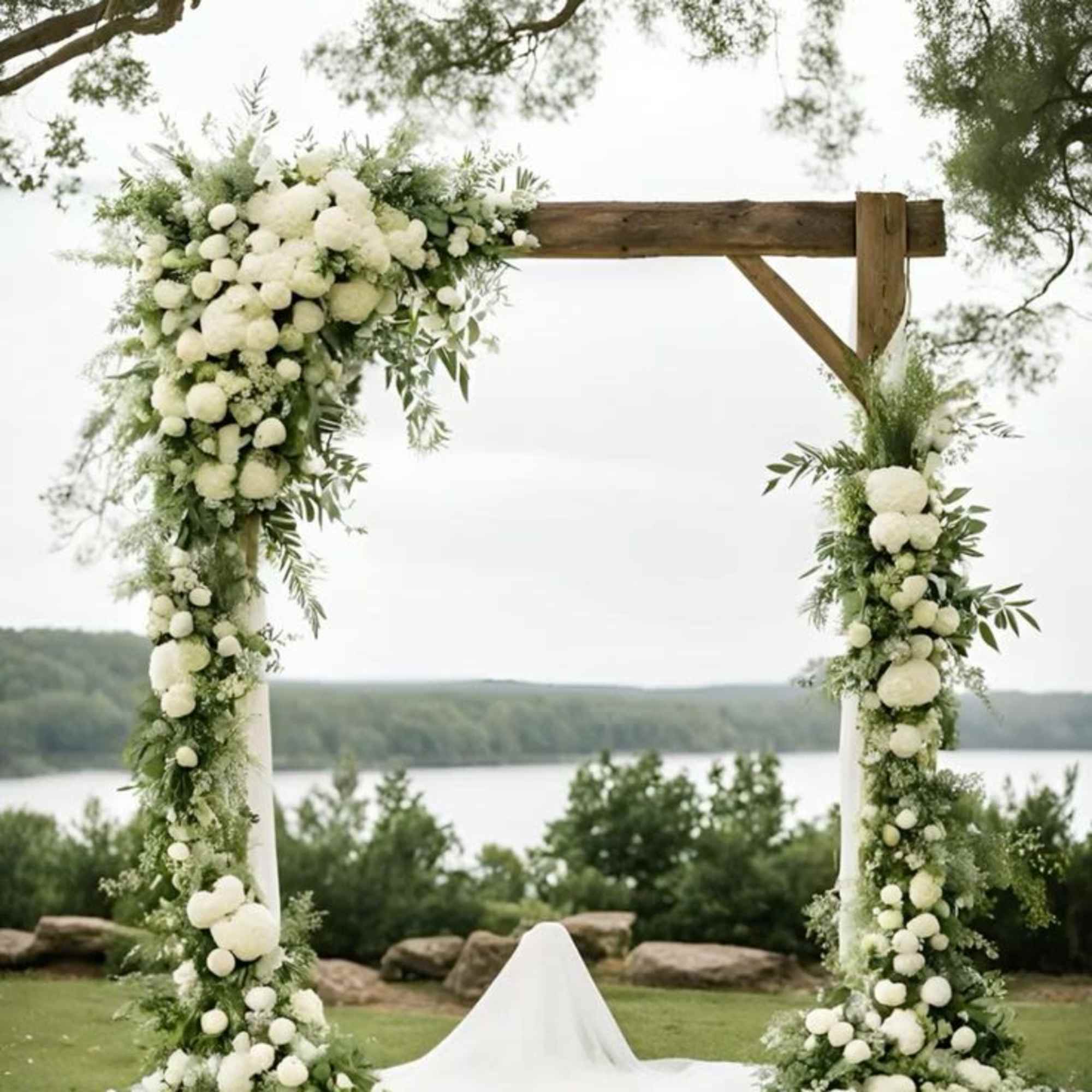 A cascade of lush white blooms and airy greenery frames vows under