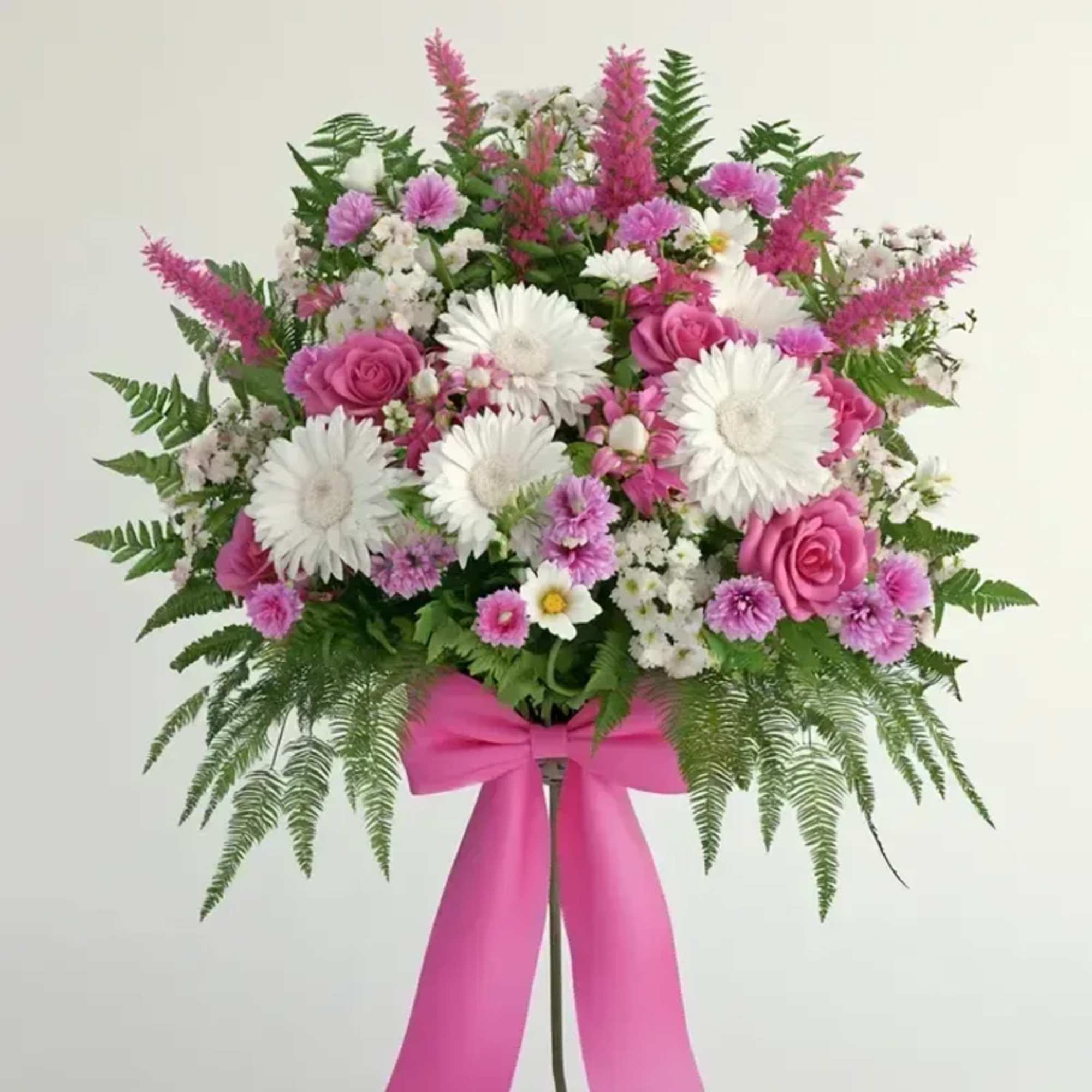 A rounded, ceremonial standing spray that speaks with gentle confidence-Sweet Spray is