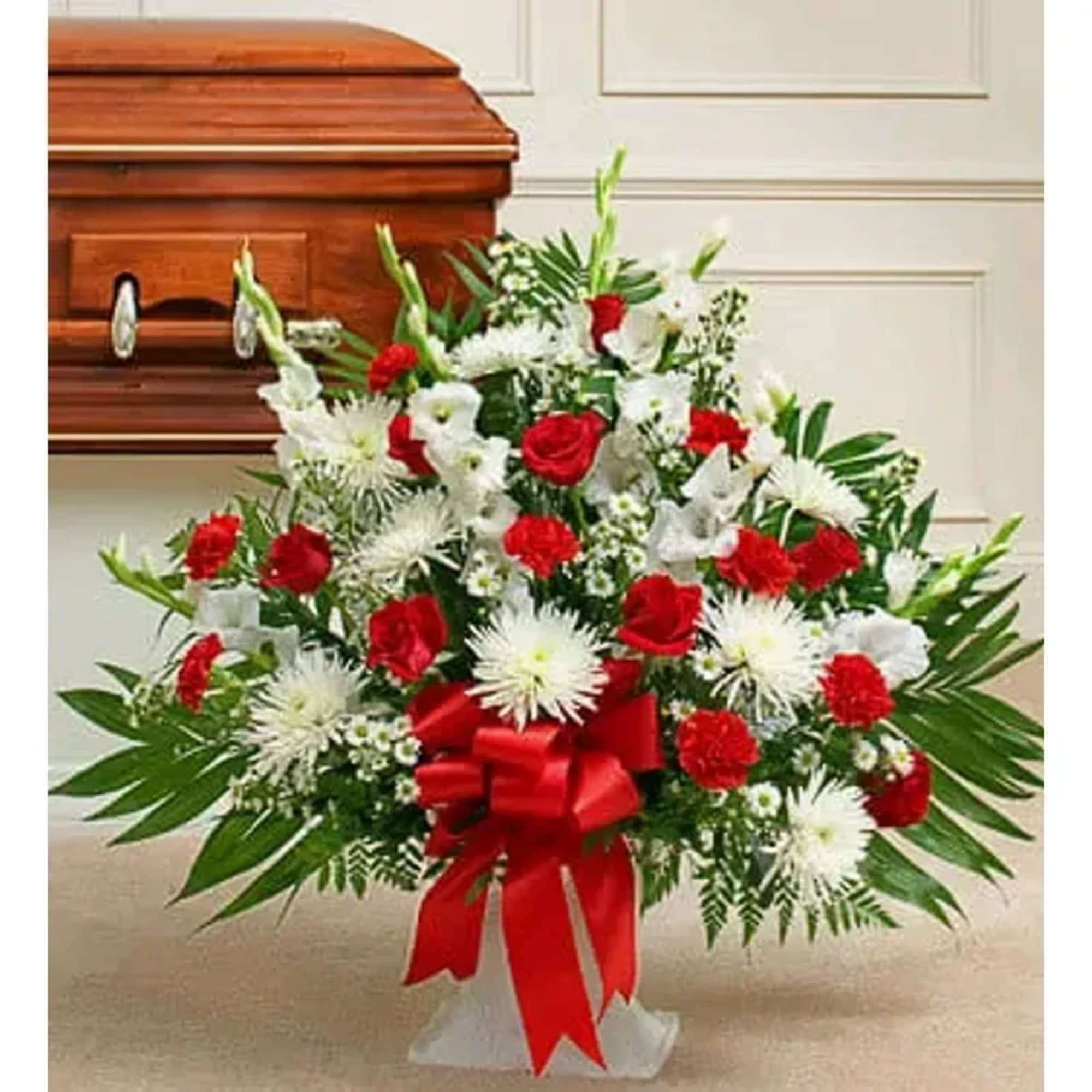 Traditional Red And White Tribute With Mixed Flowers.
