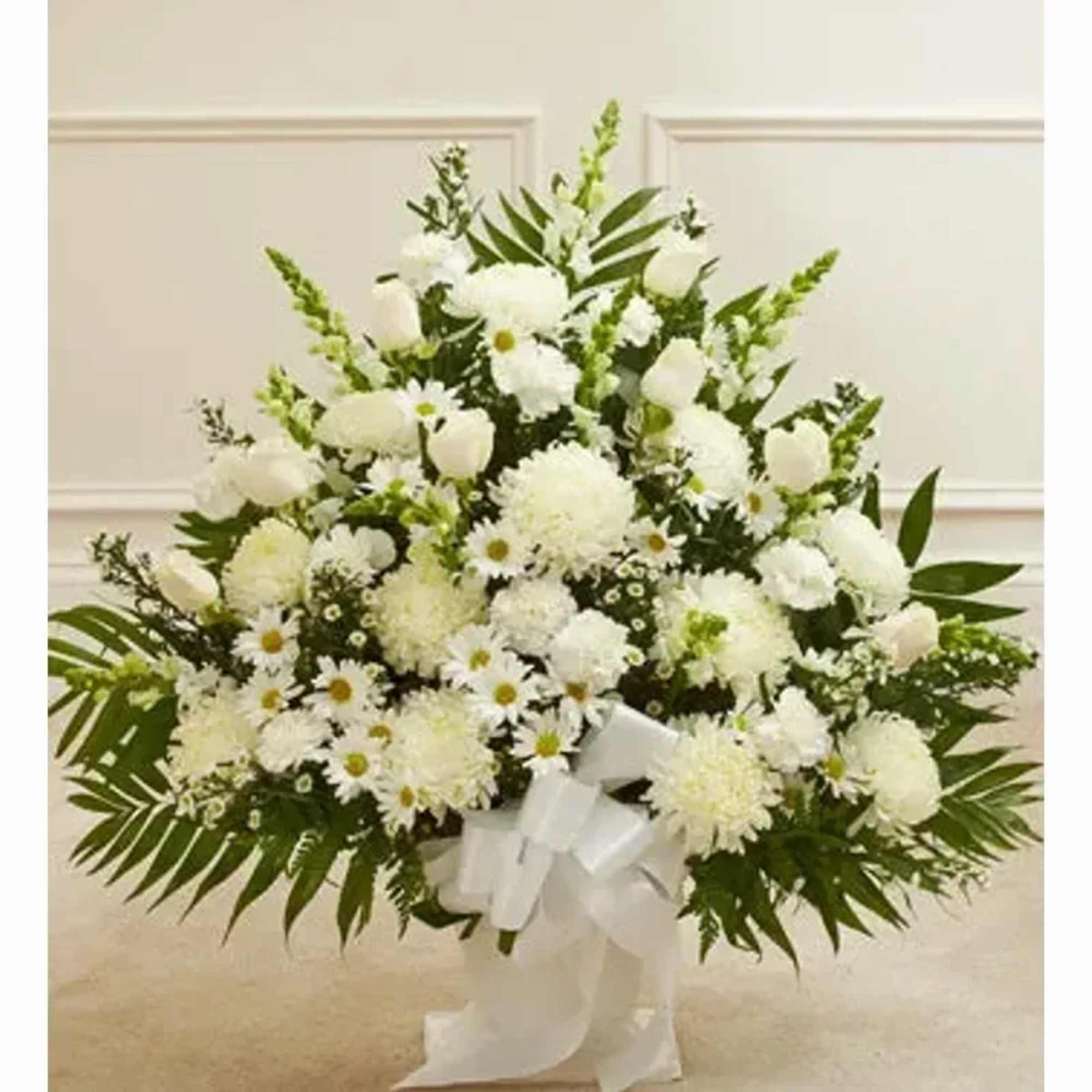 All White Mixed Flowers Fan Shaped Arrangement.
