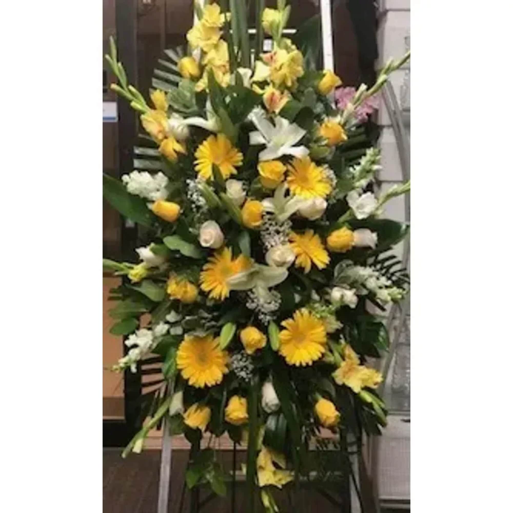 Lush Bright Mixed Exotic Floral Standing Spray.
