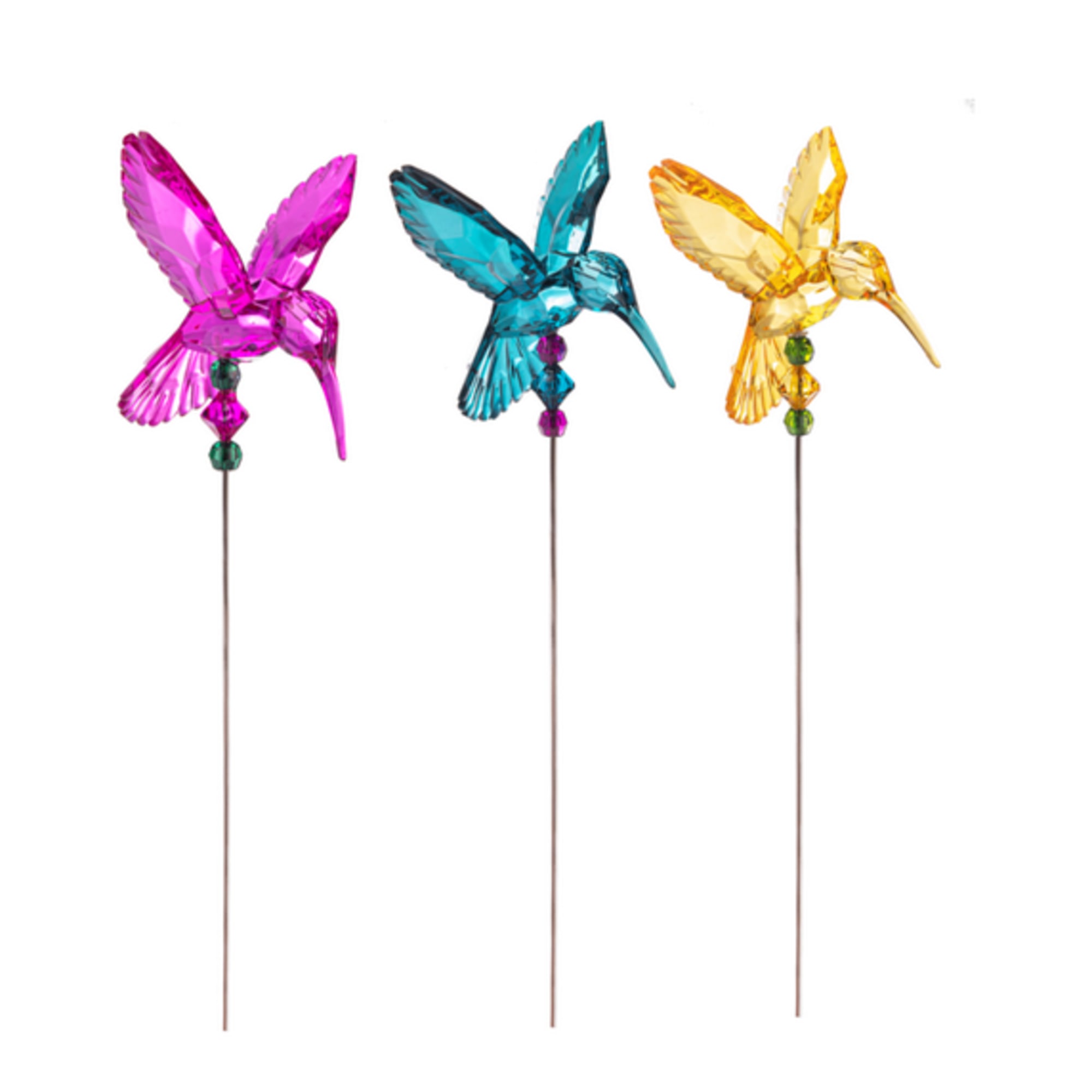 Three colorful hummingbird picks on thin stems