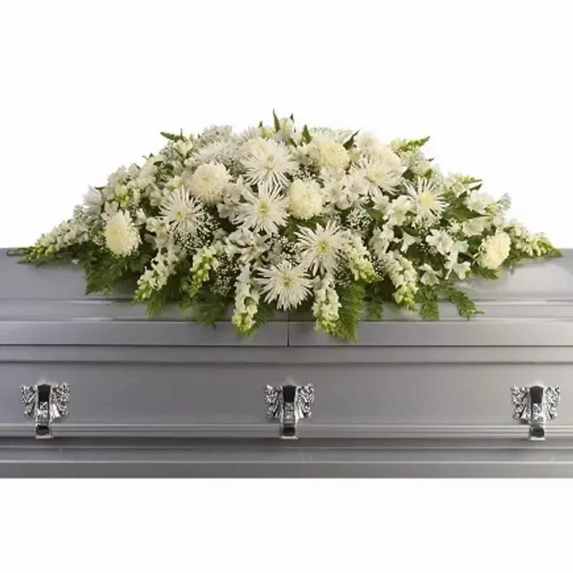 A serene, full-length white casket spray designed for sympathy and funeral services
