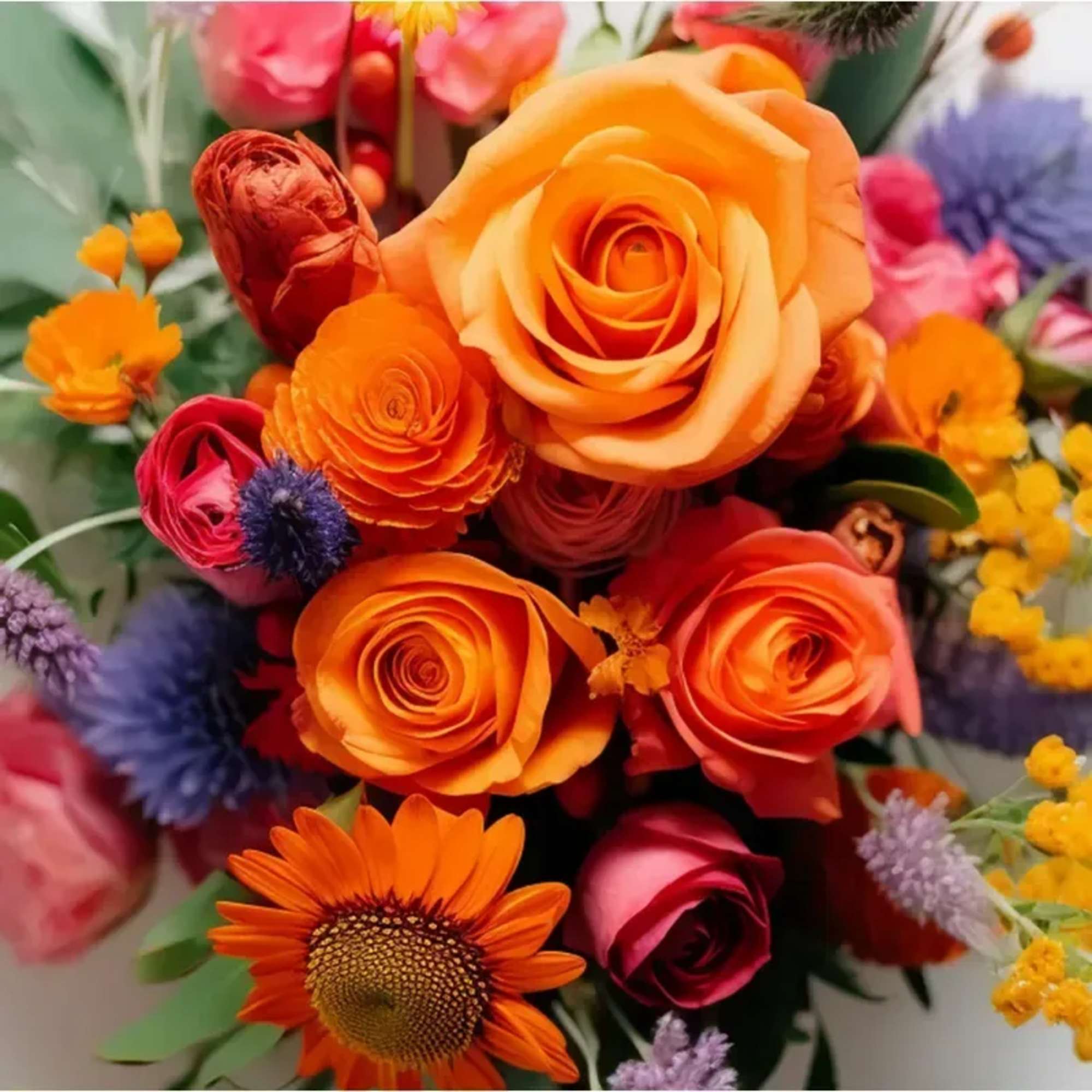 An arrangement of summer seasonal blooms arranged no vase. PLEASE NOTE: Flower