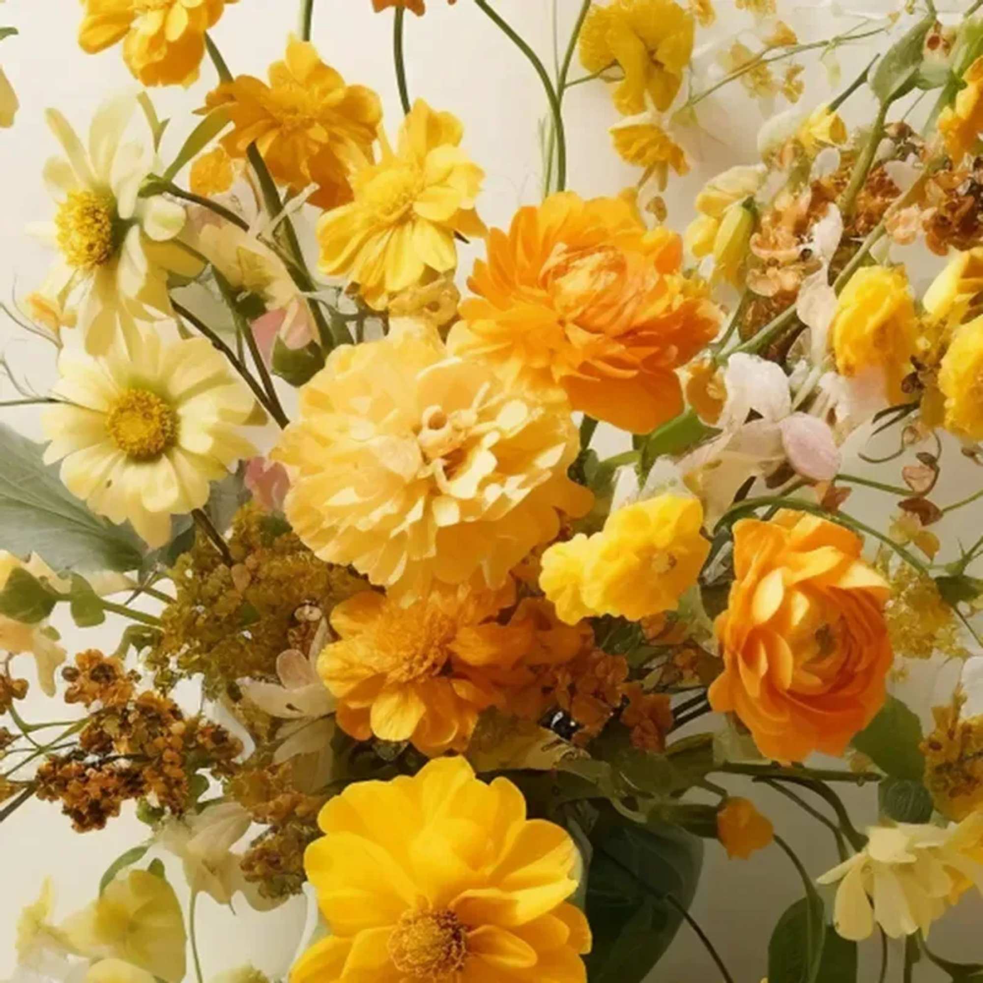 An arrangement of seasonal blooms in shades of Yellow with touches of