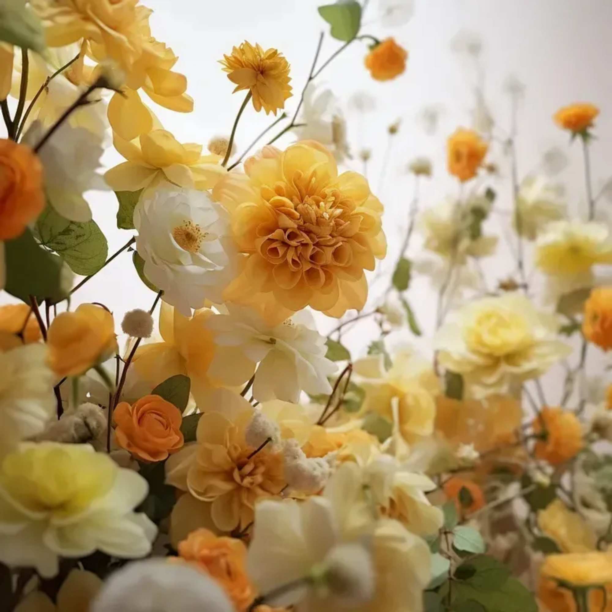 An arrangement of seasonal blooms in shades of Yellow with touches of