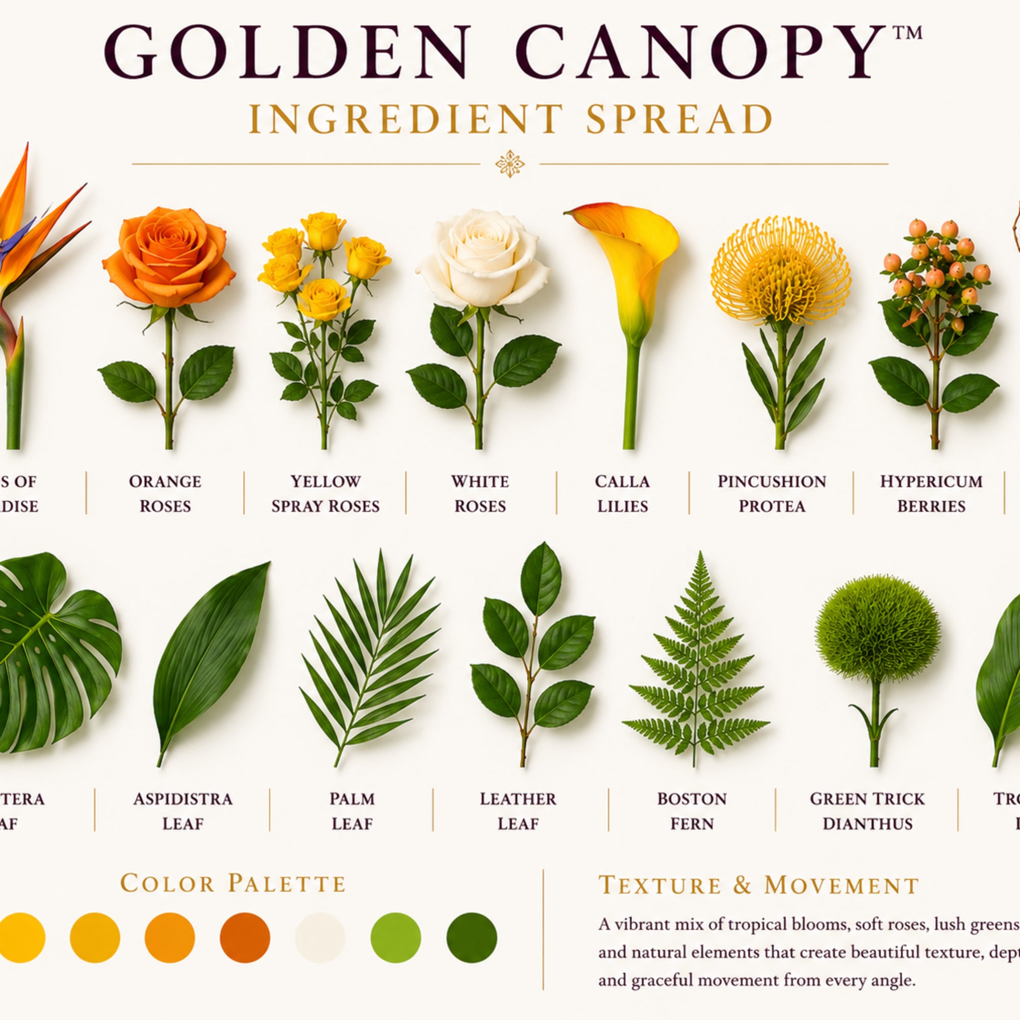 Warm, modern, and effortlessly sophisticated, Golden Canopy&trade; is a contemporary tropical arrangement