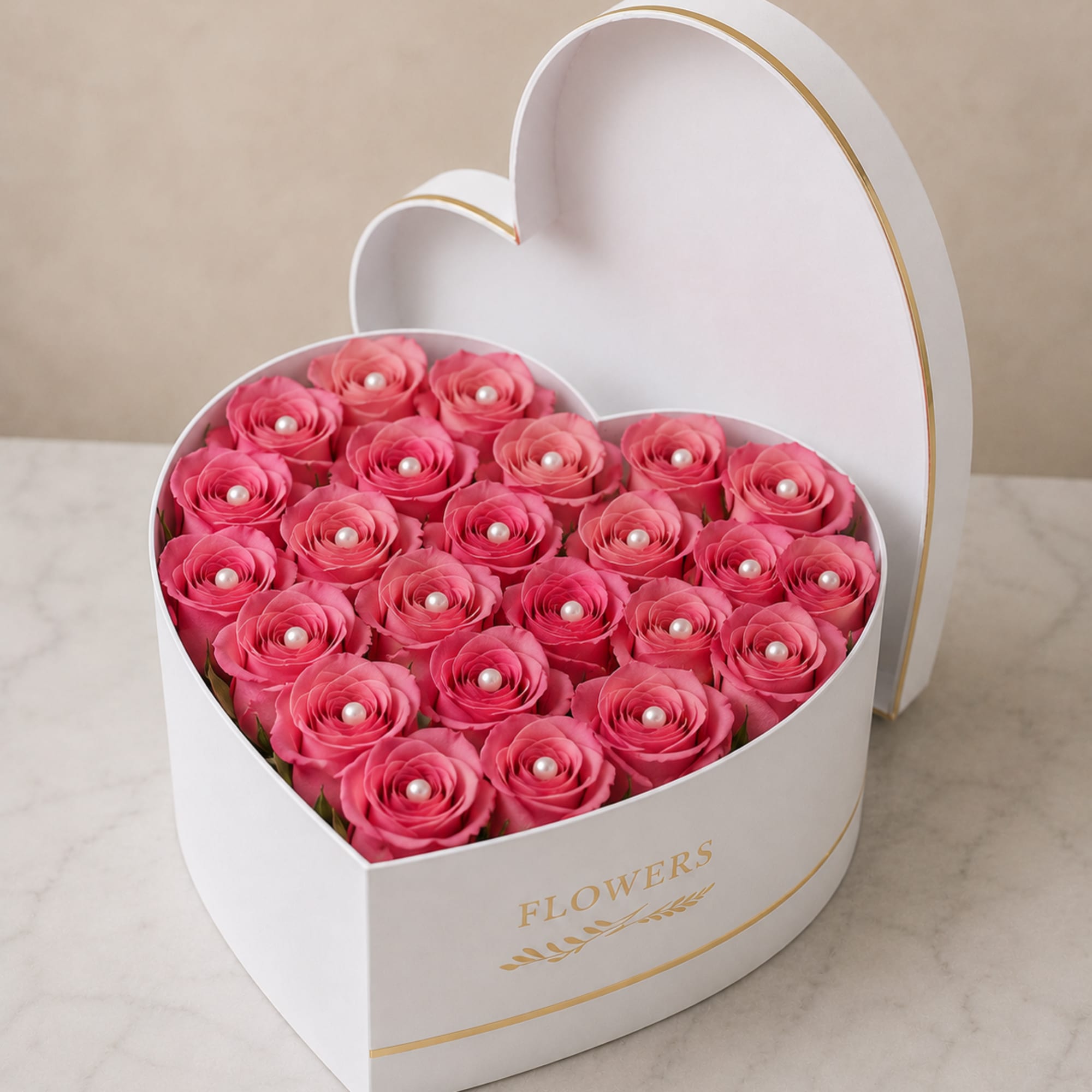 Densely packed pink roses artfully arranged in a white heart-shaped box create