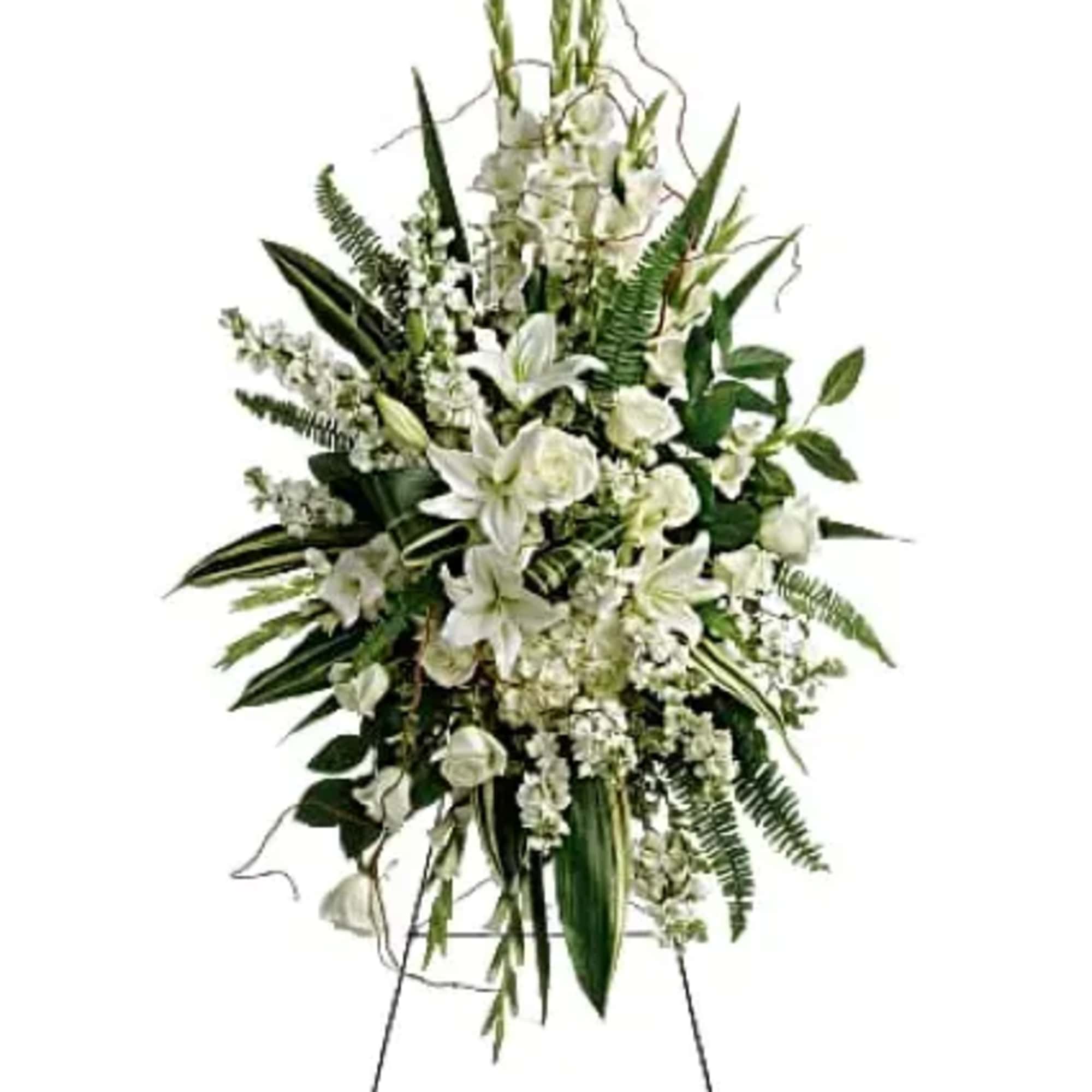 A peaceful display of your deepest condolences, this Beautiful white spray of