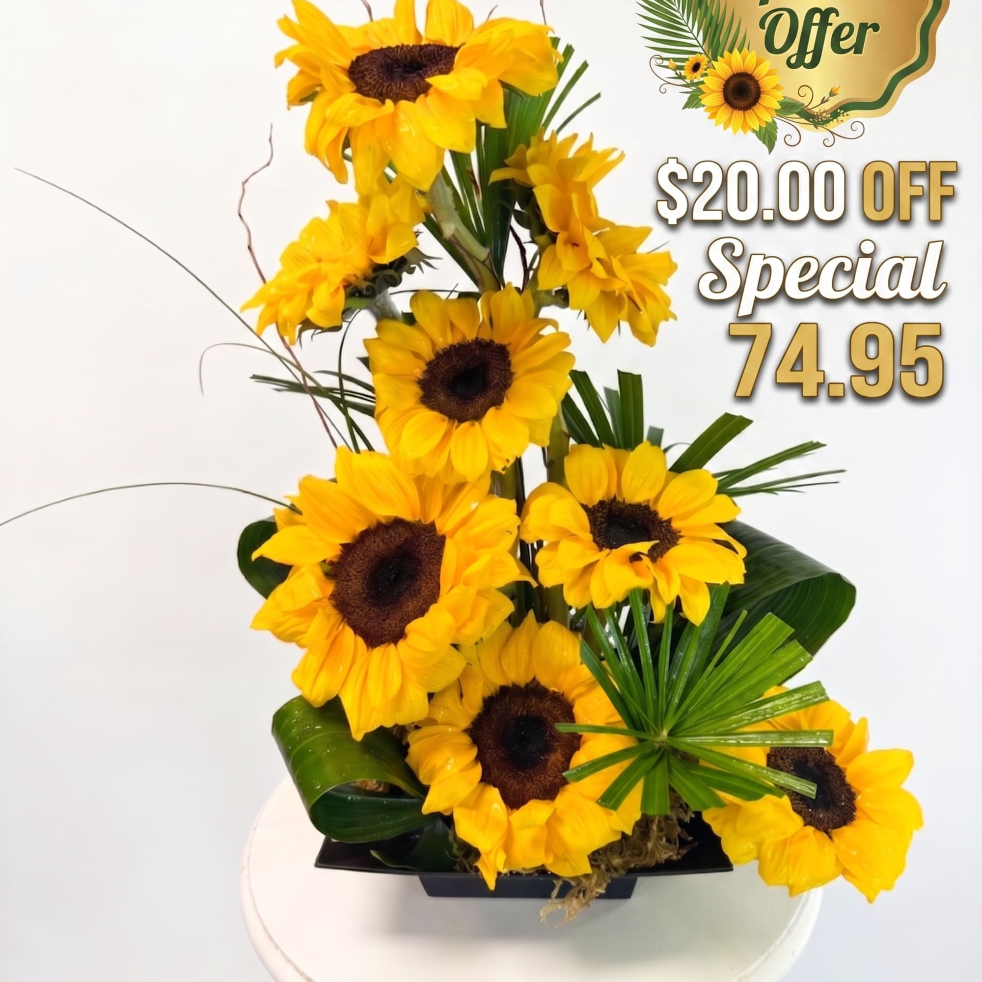 A dramatic, towering column of brilliant sunflowers rises in a bold, geometric