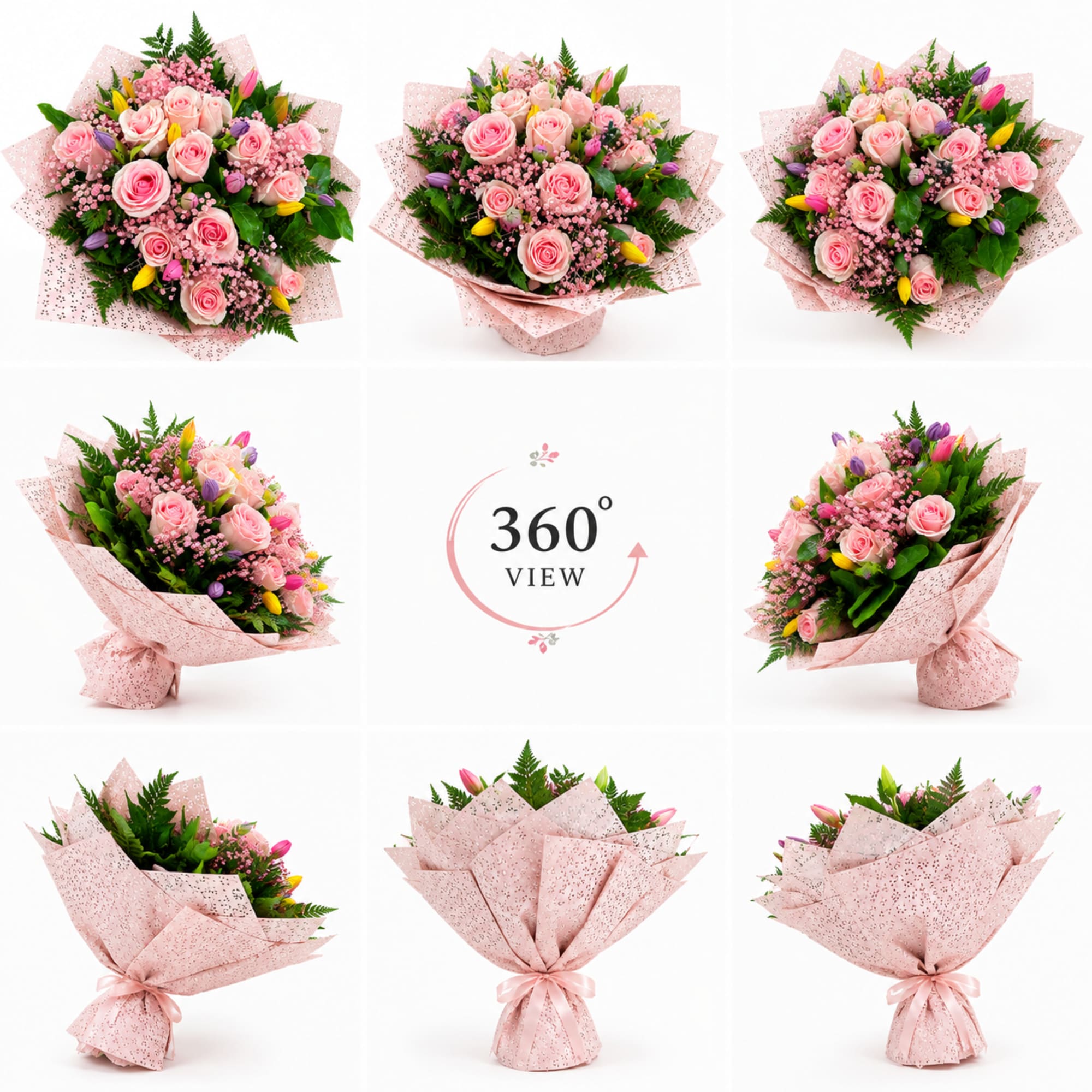 A graceful bouquet featuring premium blush pink roses, cheerful tulips, delicate pink
