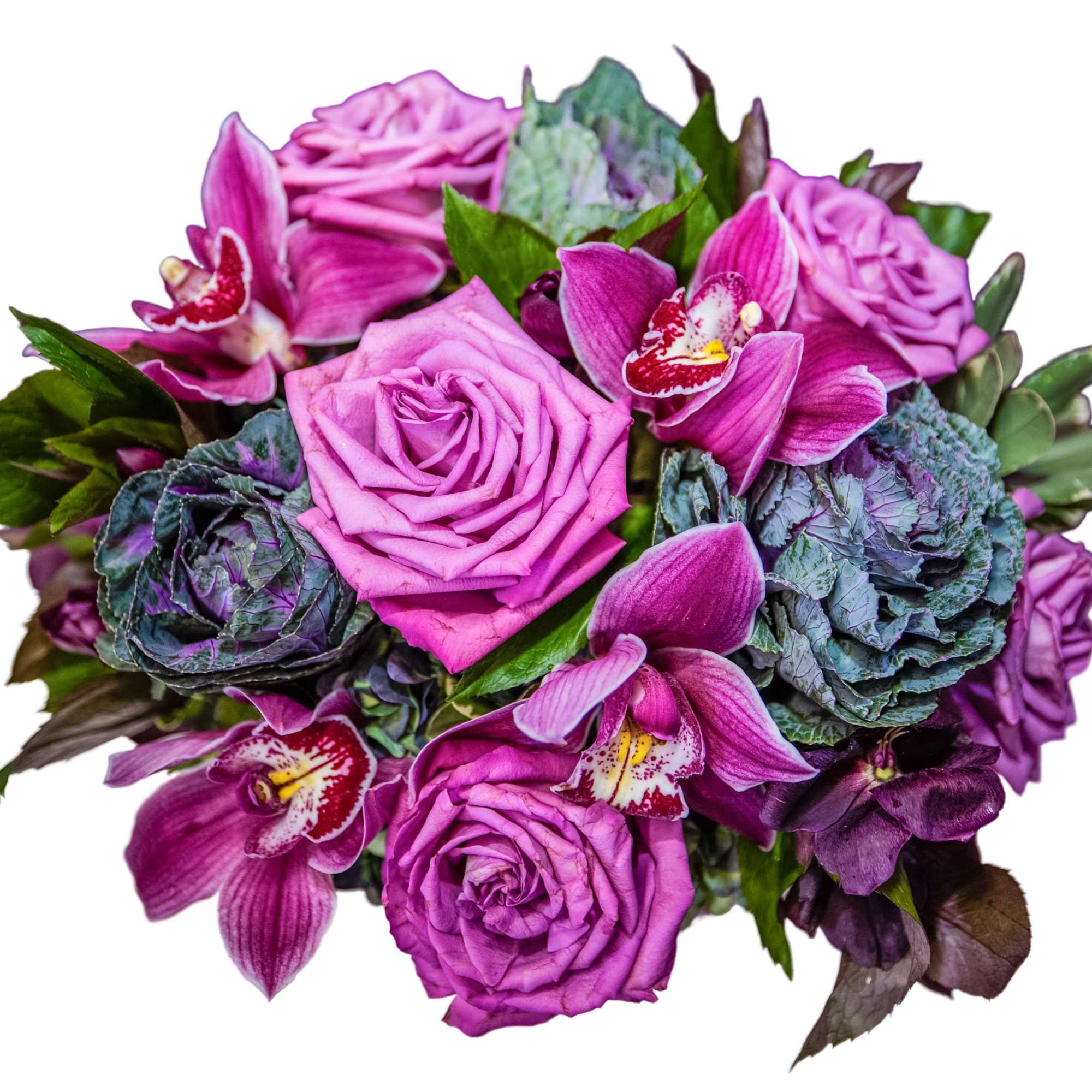 Bouquet of purple roses and orchids with blue-green ornamental cabbage