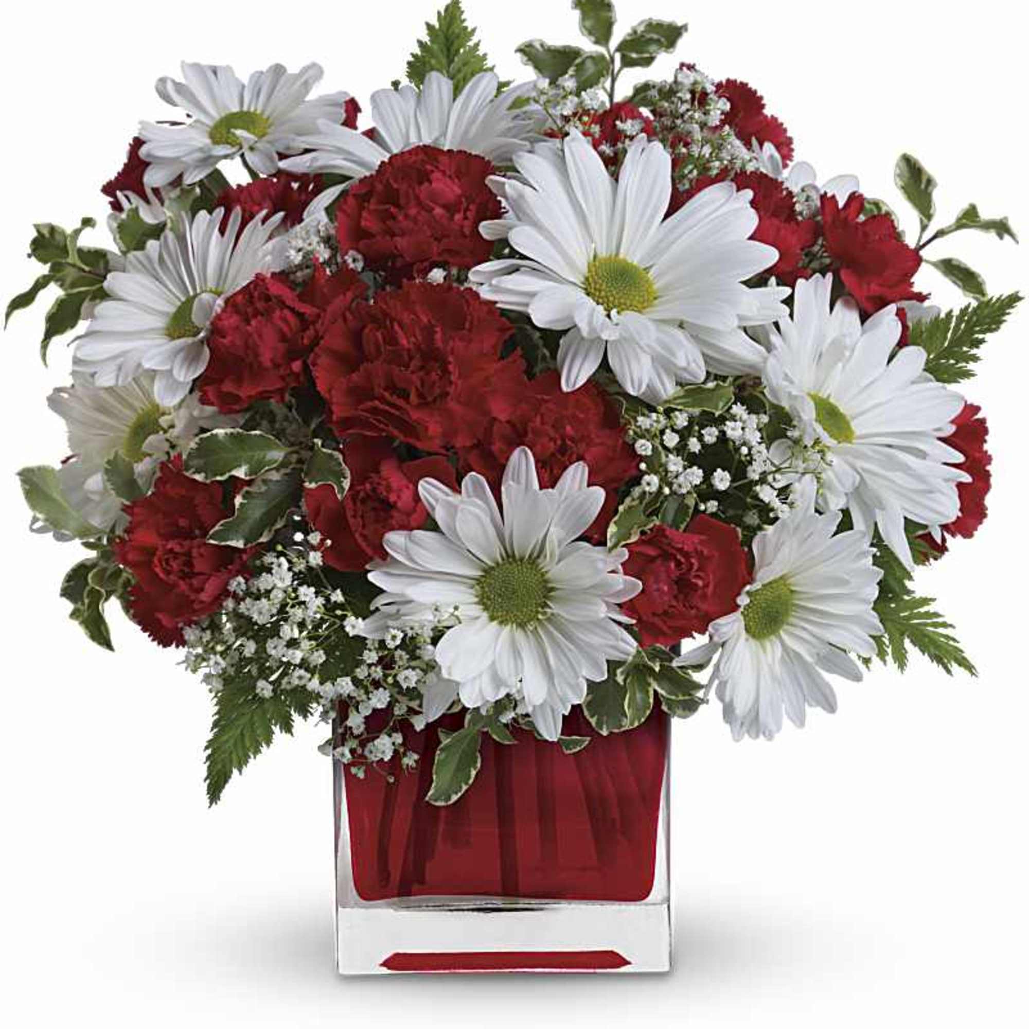 This simply sweet bouquet is delicately arranged in our ruby red glass