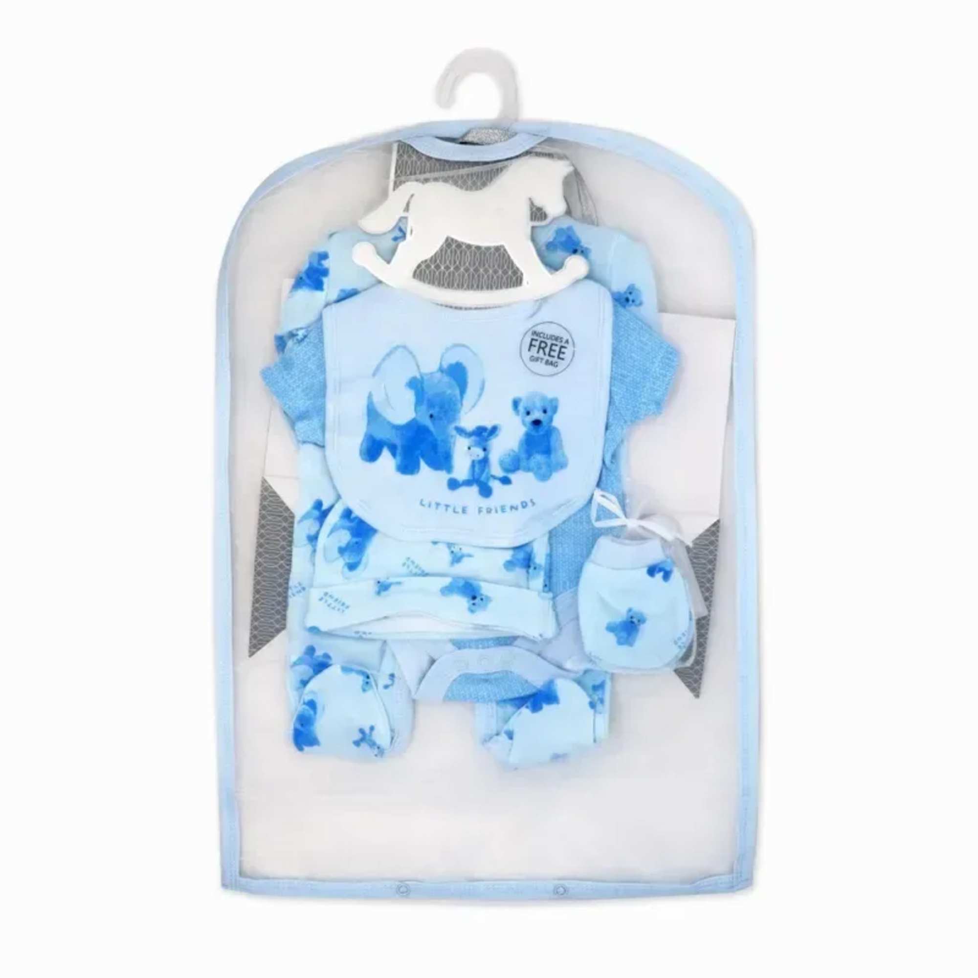 Baby Gift Basket Items:

Pacifire Holder, Receiving Blanket, 6 Socks, 5 Piece Clothing
