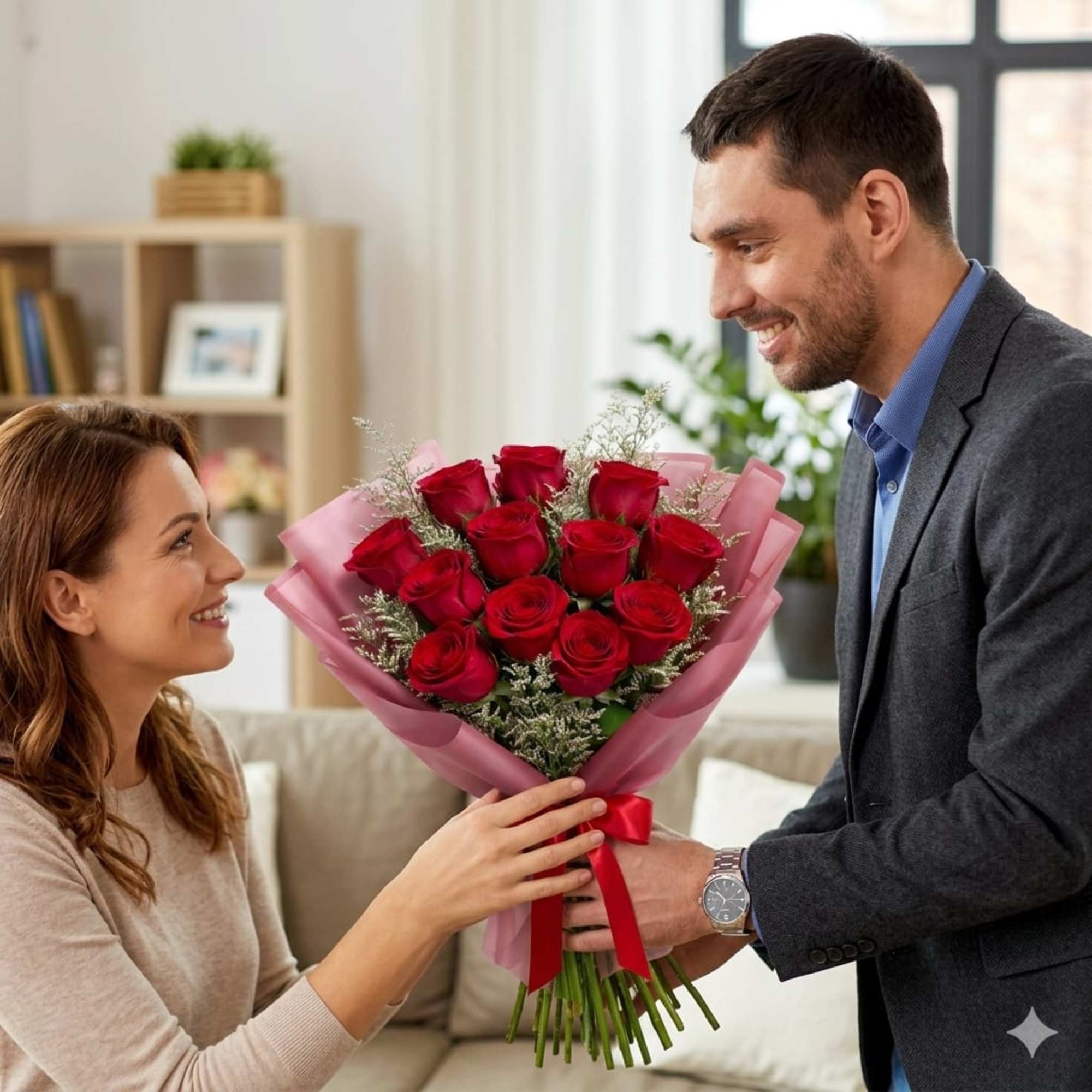Bouquet of red roses wrapped in pink paper being handed to a woman