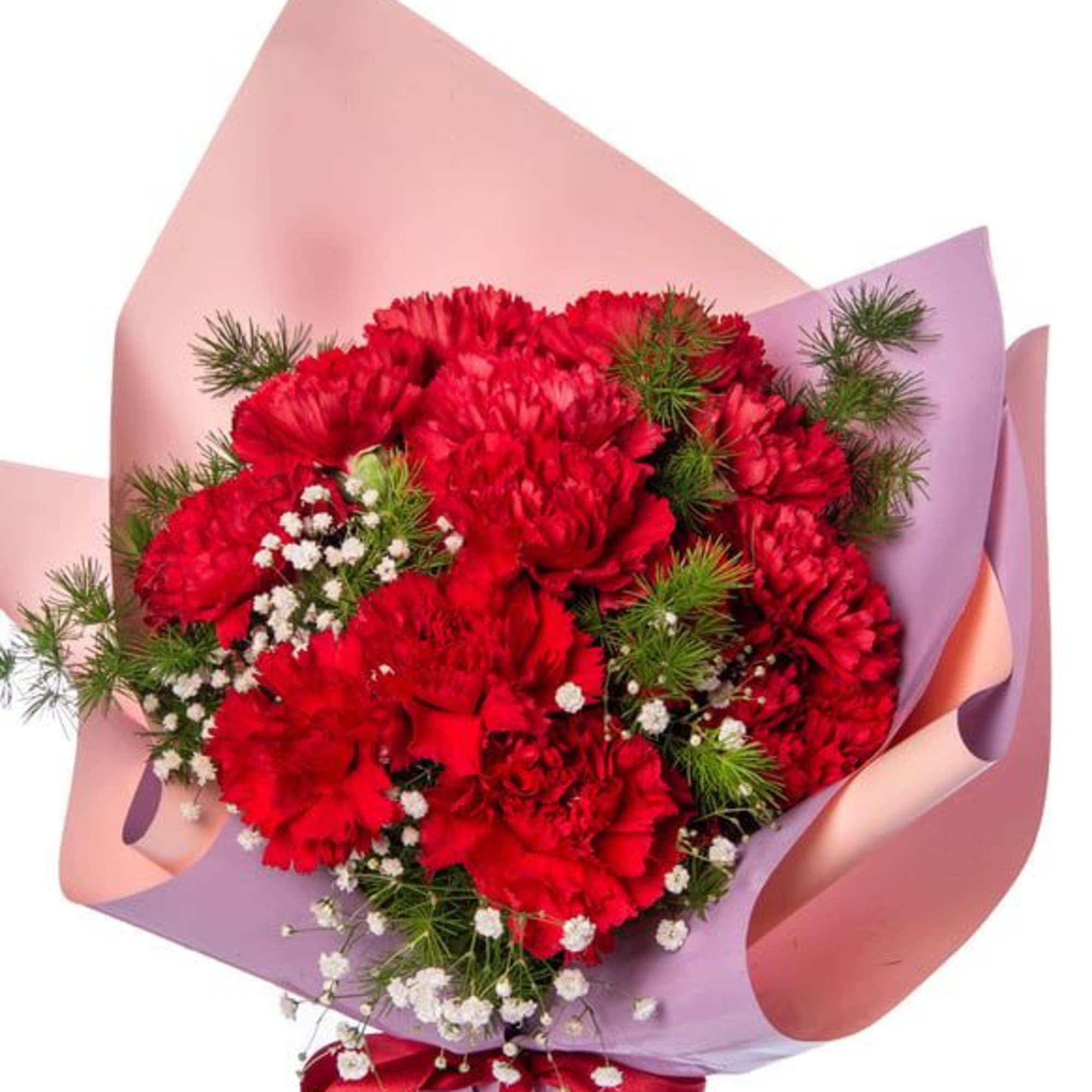 Bouquet of red carnations with baby's breath in pink and lavender wrap