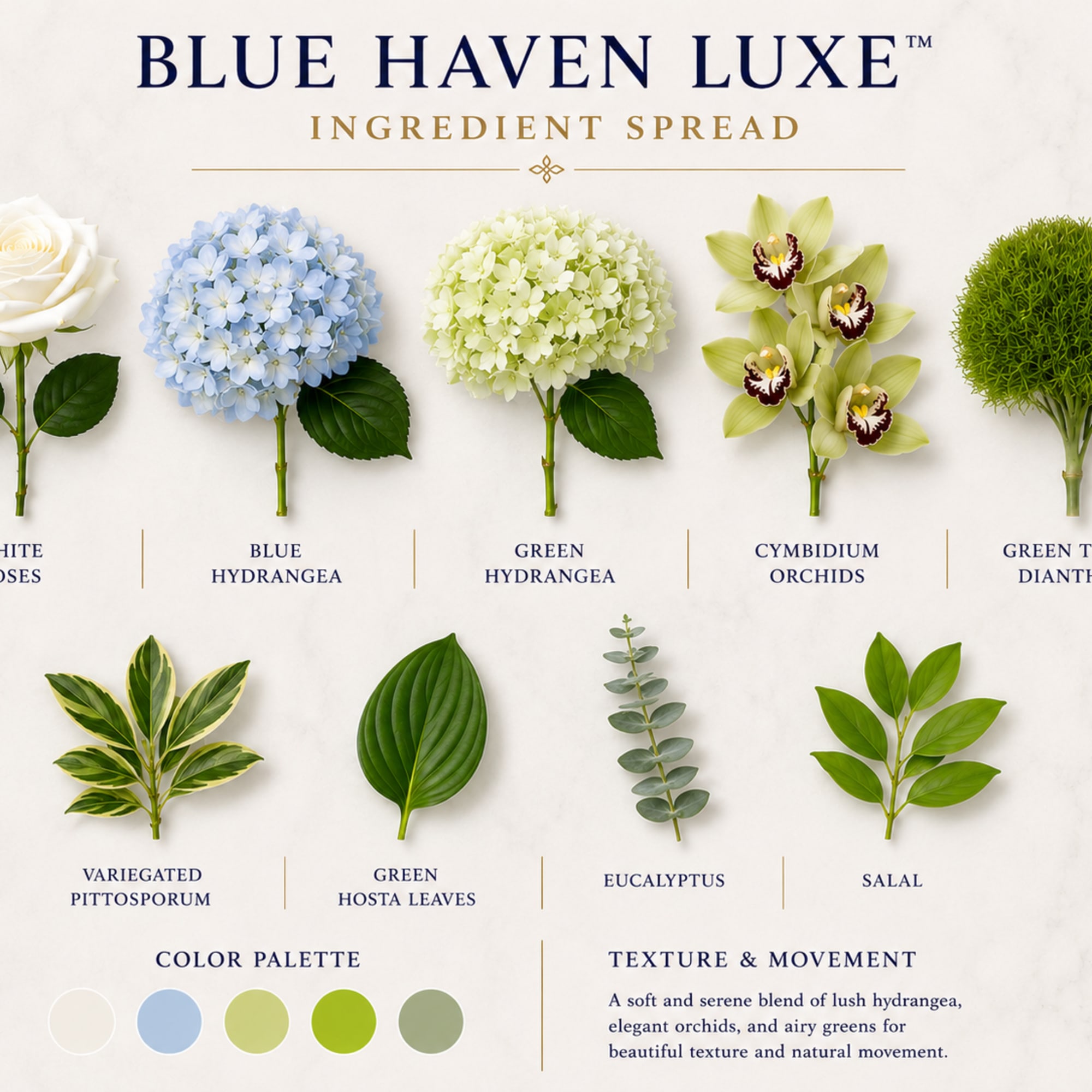 Blue Haven Luxe is a fresh and graceful floral arrangement designed with