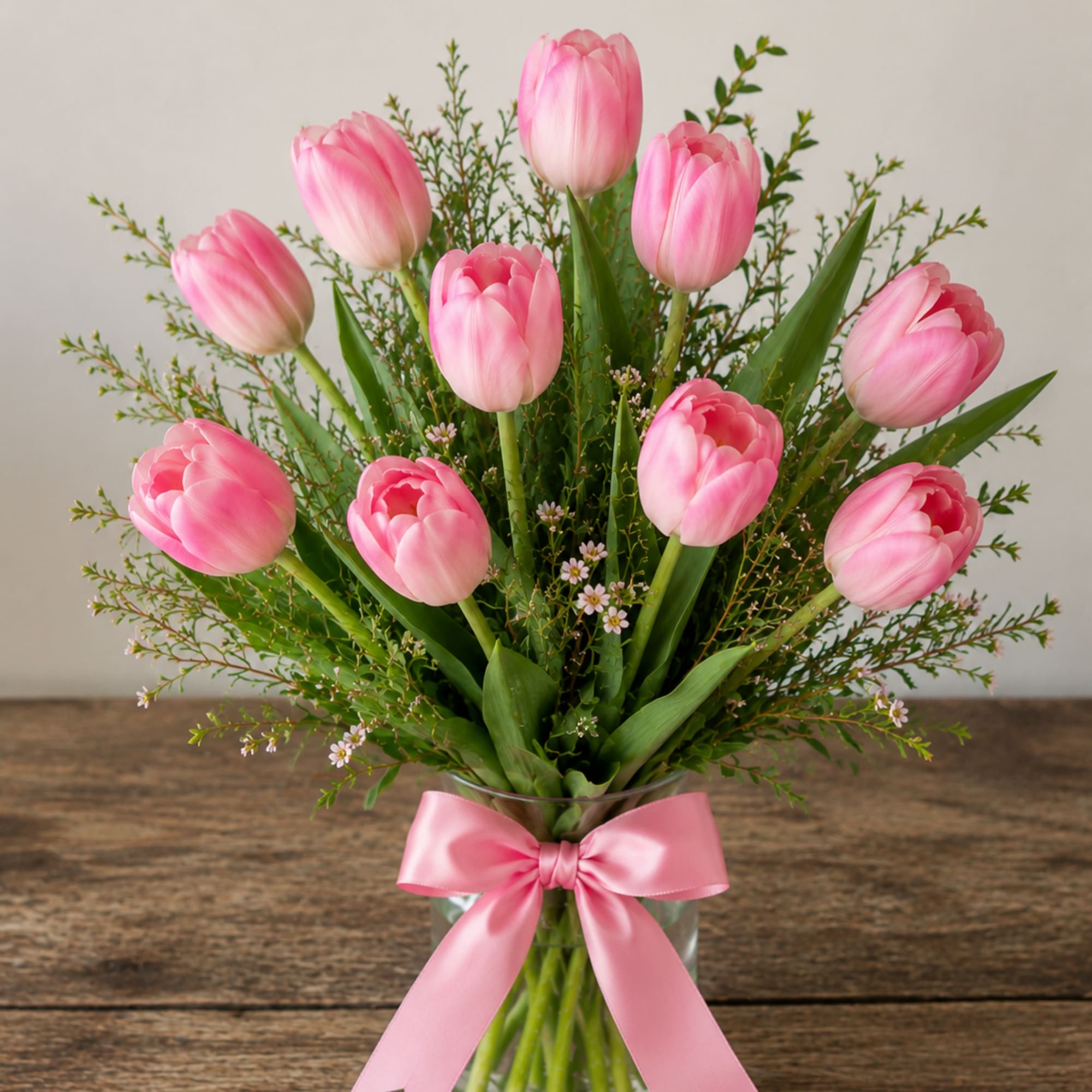 A cluster of pink tulips creates an immediate, springlike embrace-perfect as a