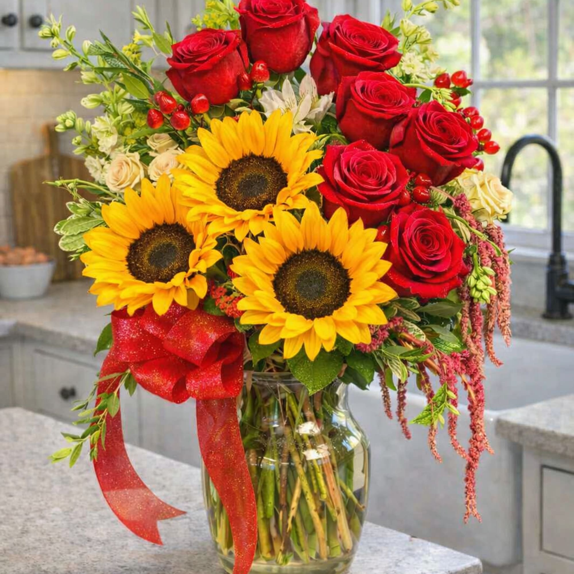 A cheerful, abundant bouquet that puts a sunny sunflower center stage -