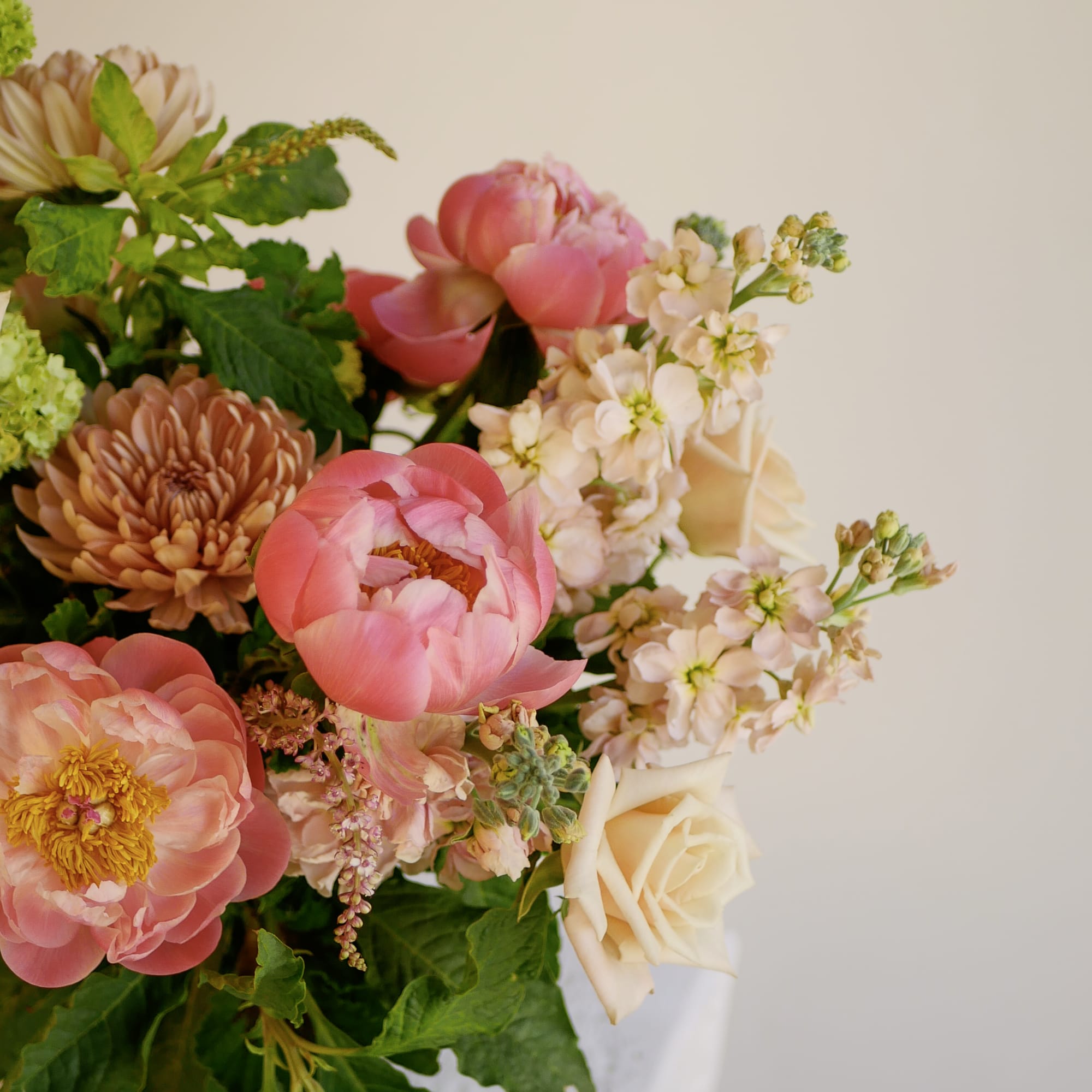 Coral charm peonies and peach mini roses take center stage in this