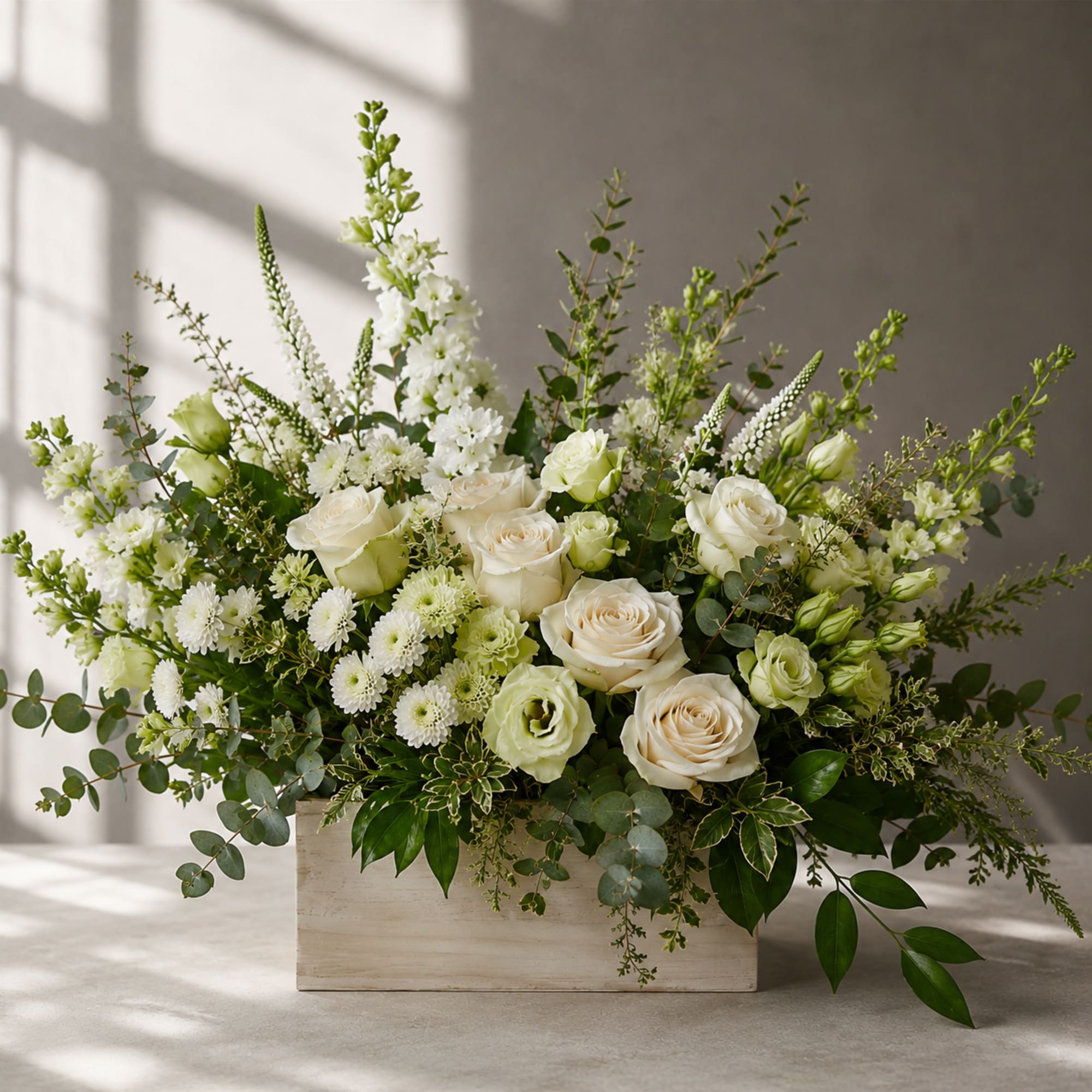 Sanctuary is a floral expression of calm. Soft white roses, delicate lisianthus