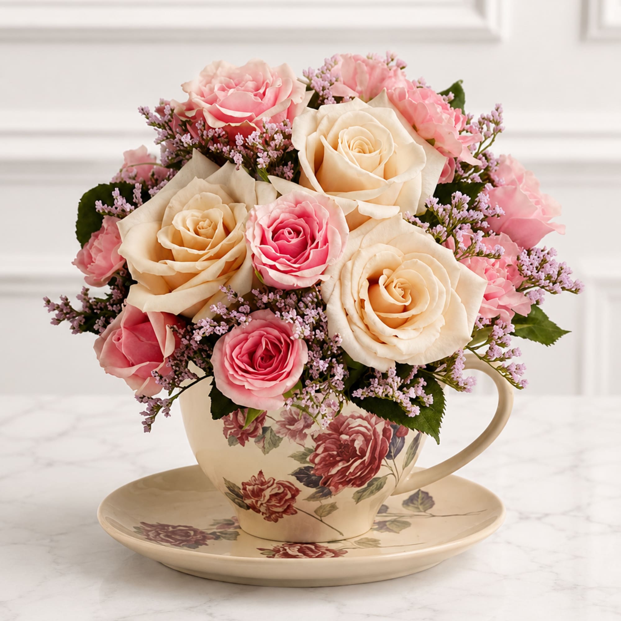 Delicate and timeless, Vintage Rose Teacup&trade; is a charming arrangement featuring elegant