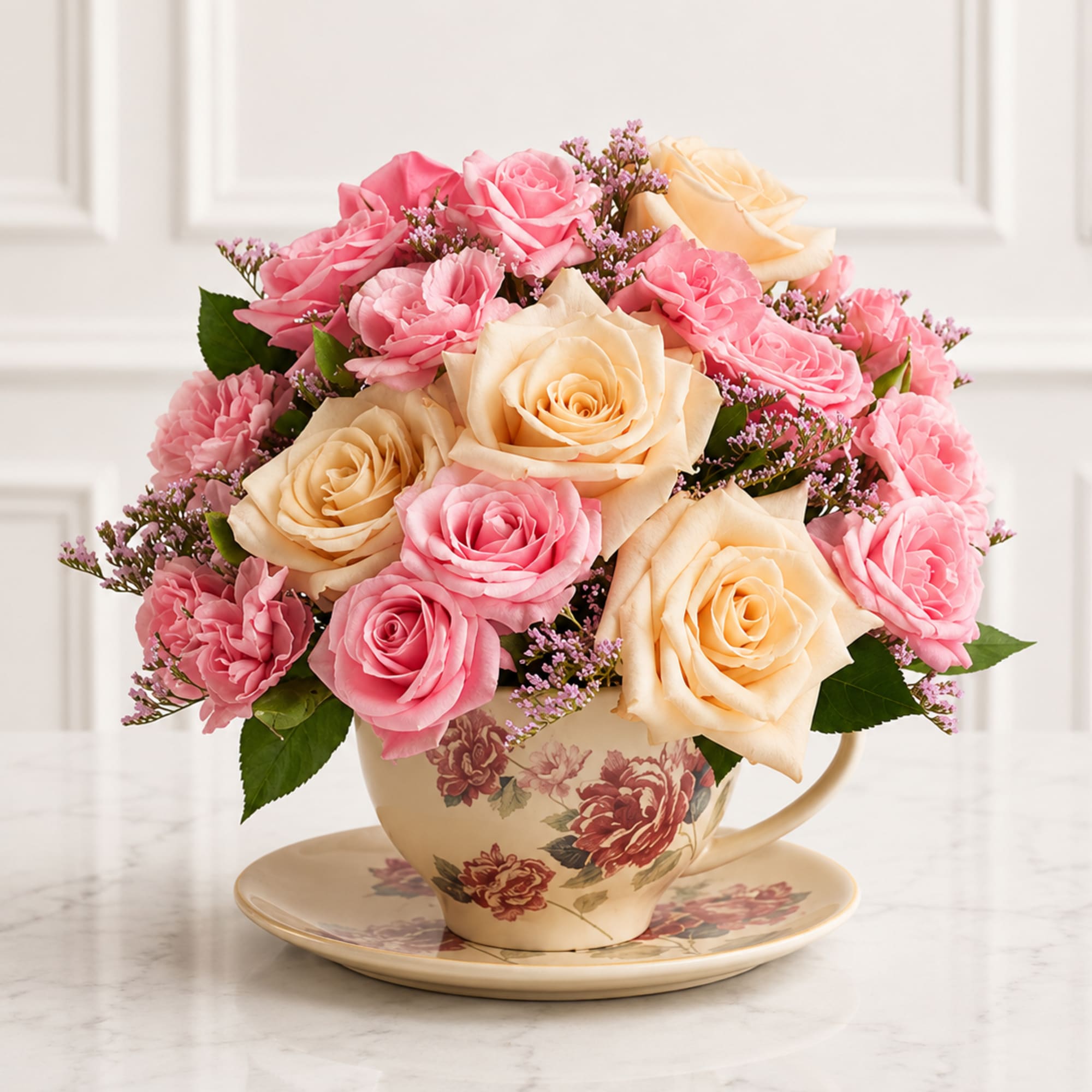 Delicate and timeless, Vintage Rose Teacup&trade; is a charming arrangement featuring elegant
