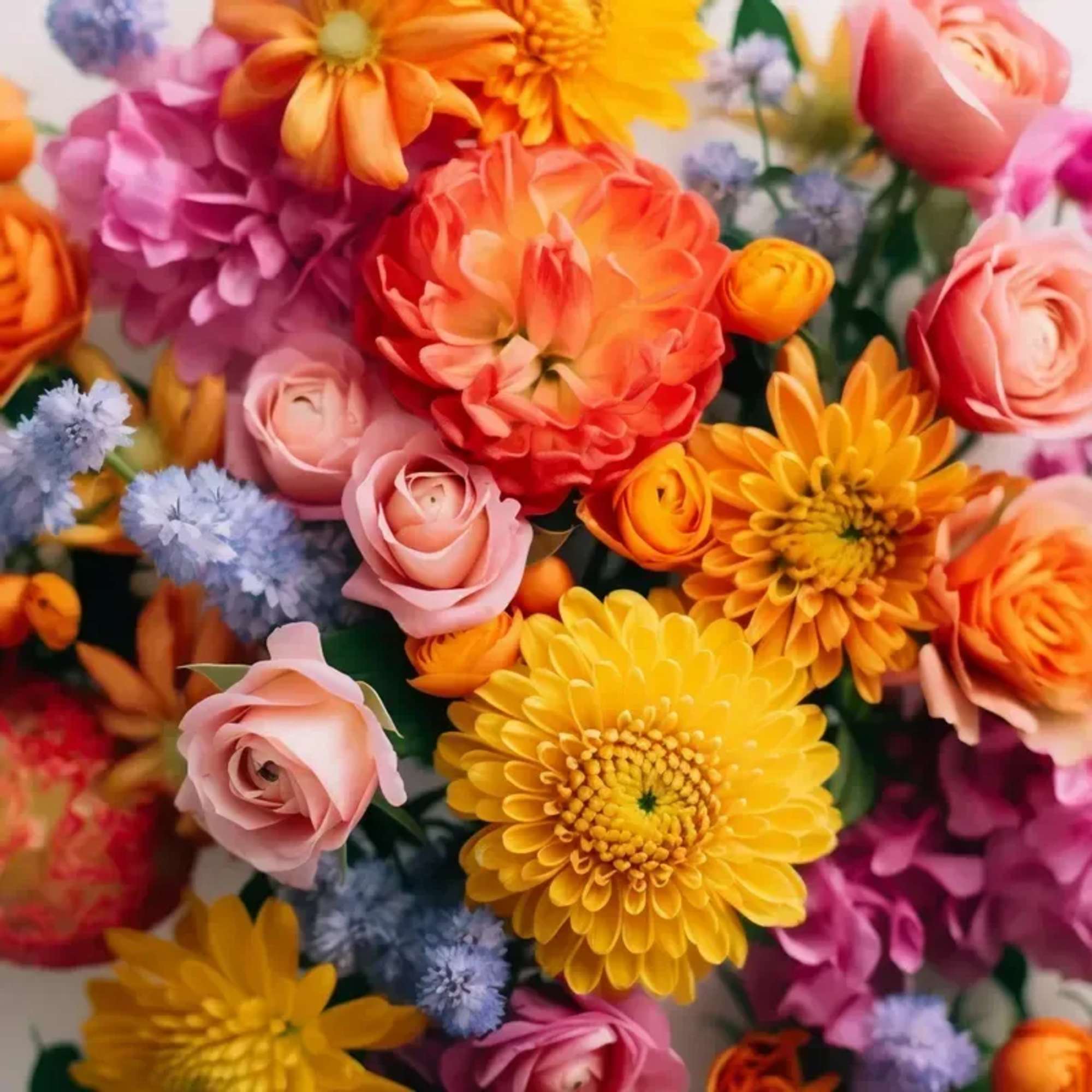 An arrangement of seasonal Bright &amp; Bold blooms no vase. PLEASE NOTE: