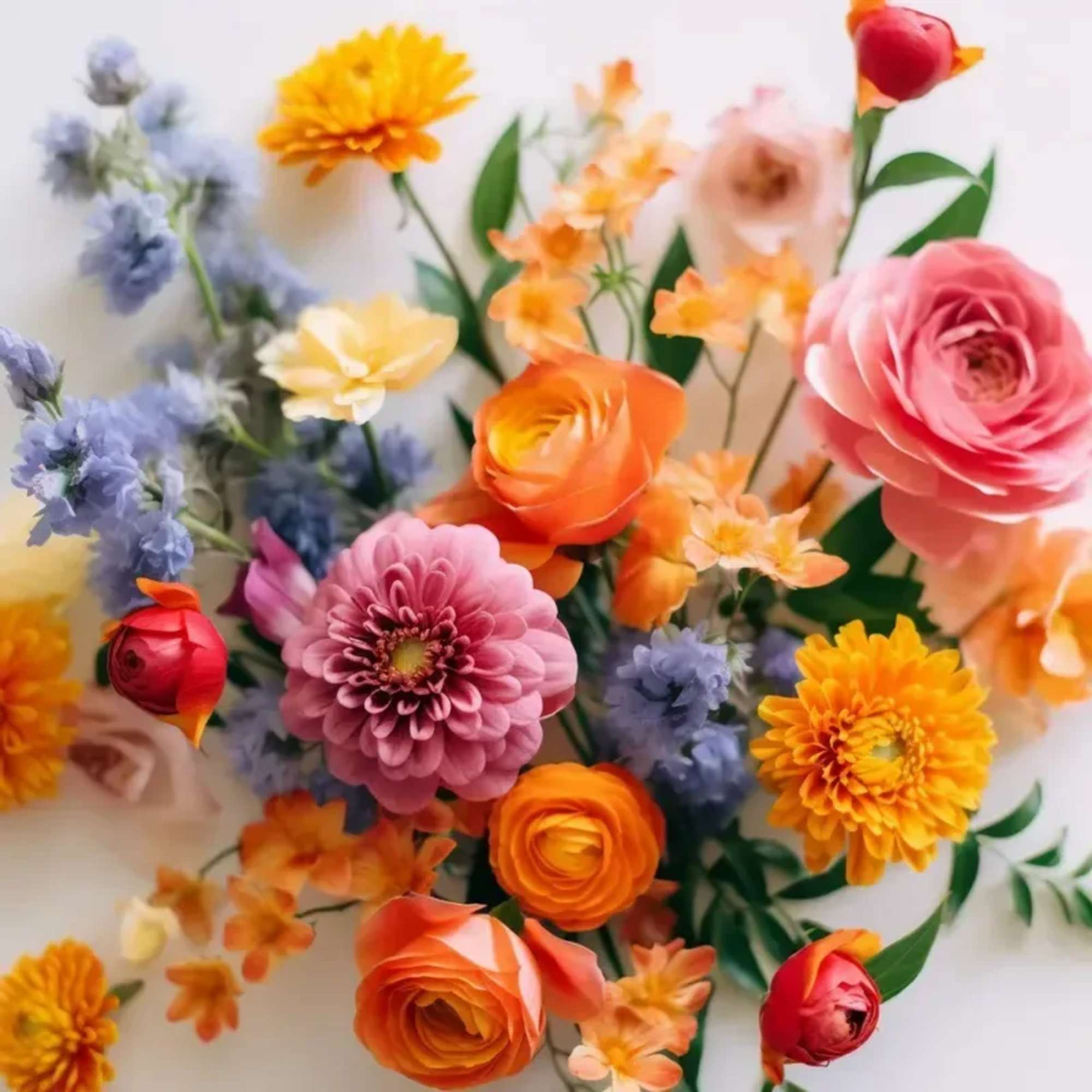 An arrangement of seasonal Bright &amp; Bold blooms no vase. PLEASE NOTE: