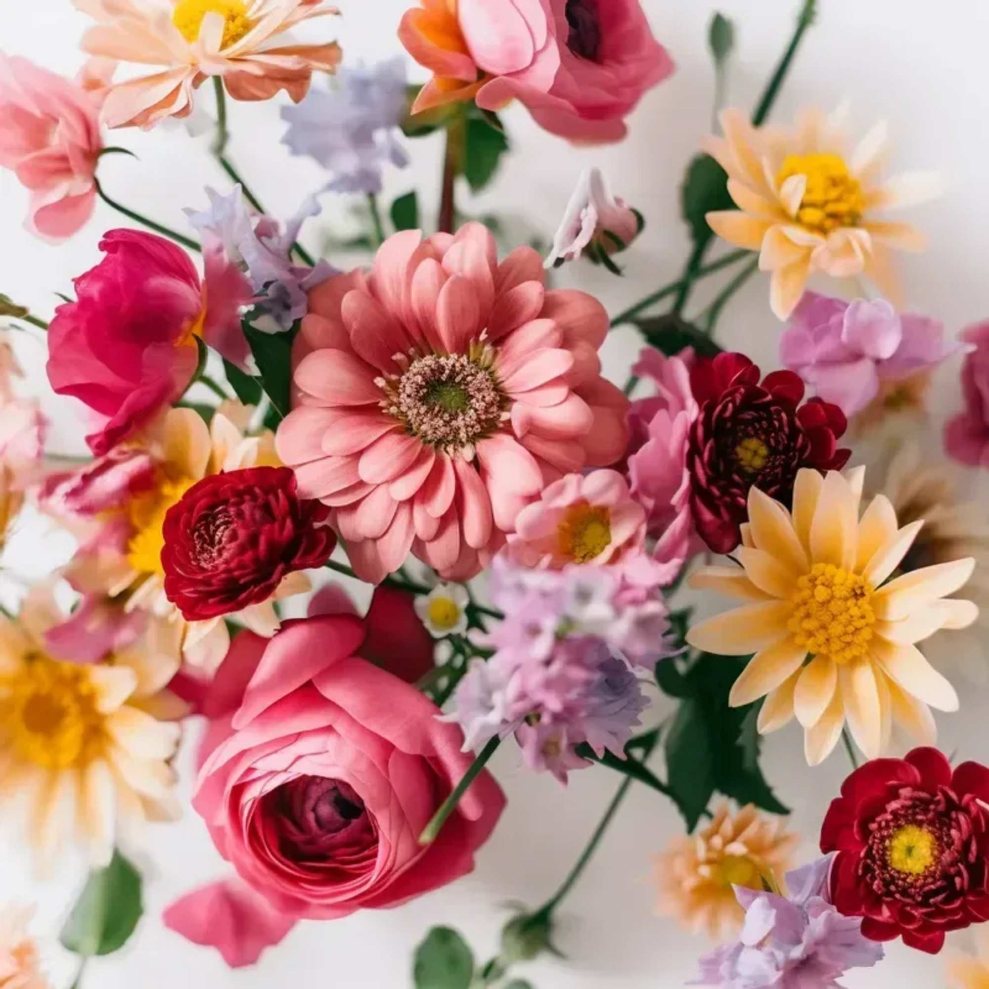 An arrangement of seasonal blooms in Berry &amp; Bright, shades of coral