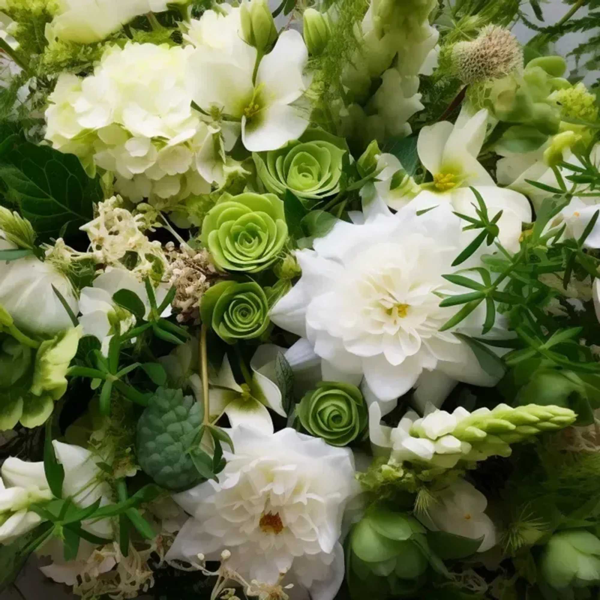 An arrangement of seasonal blooms for in White &amp; Green no vase.