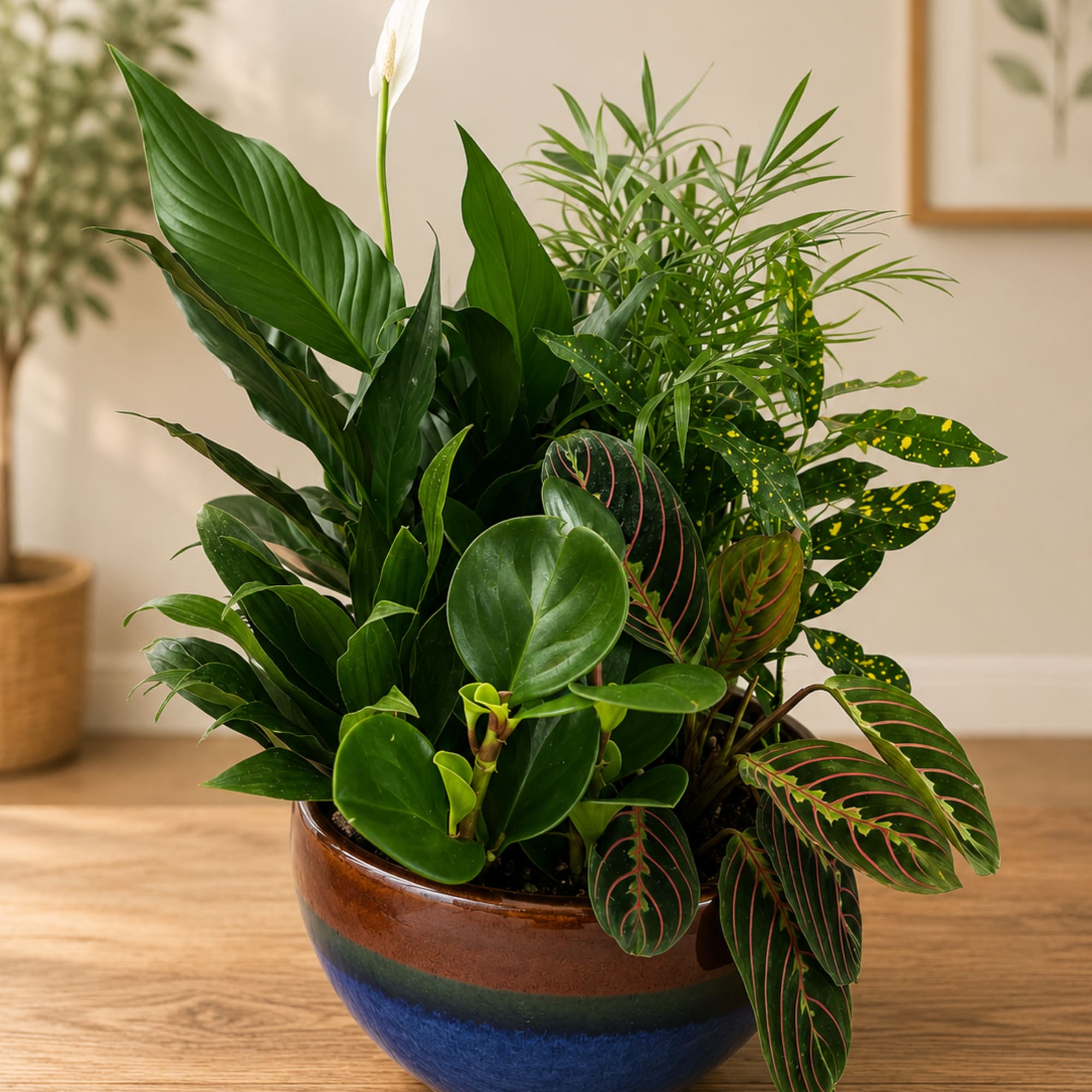Lush layered foliage takes center stage in this mixed houseplant arrangement, making