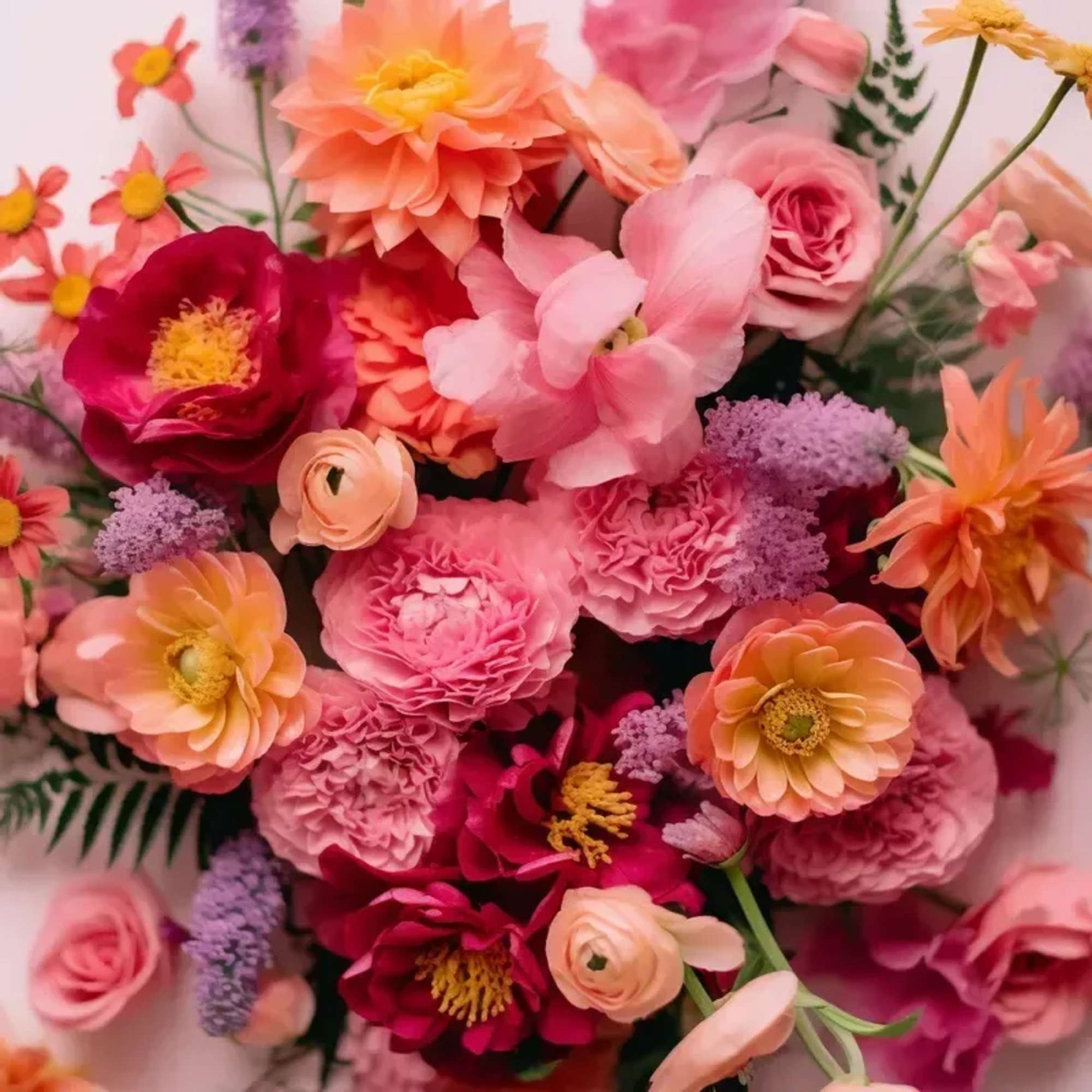 An arrangement of seasonal blooms in Vibrant shades of pink which may