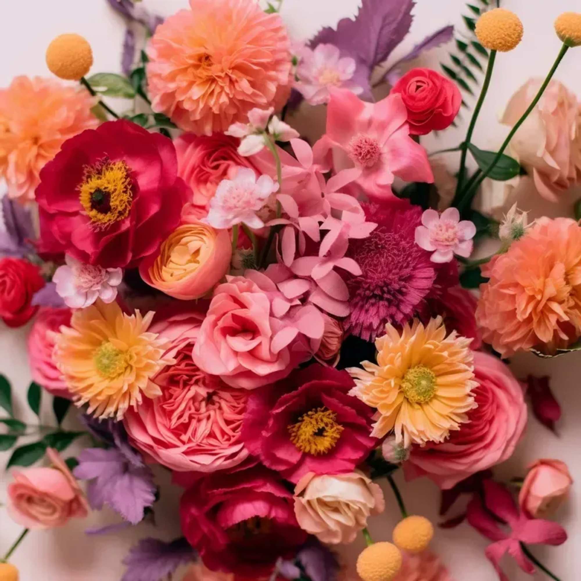 An arrangement of seasonal blooms in Vibrant shades of pink which may