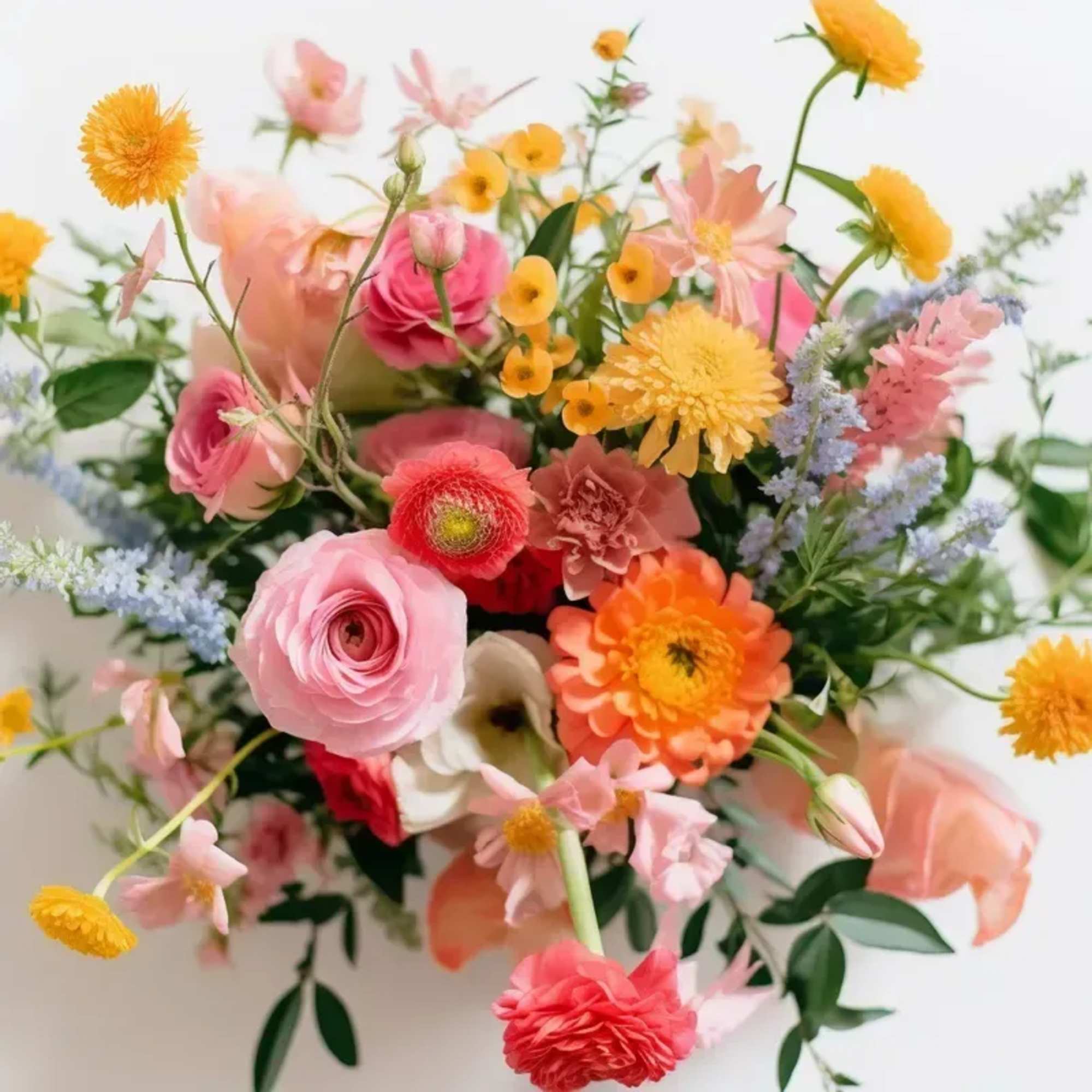 An arrangement of seasonal blooms Wildflower Style arranged no vase. PLEASE NOTE: