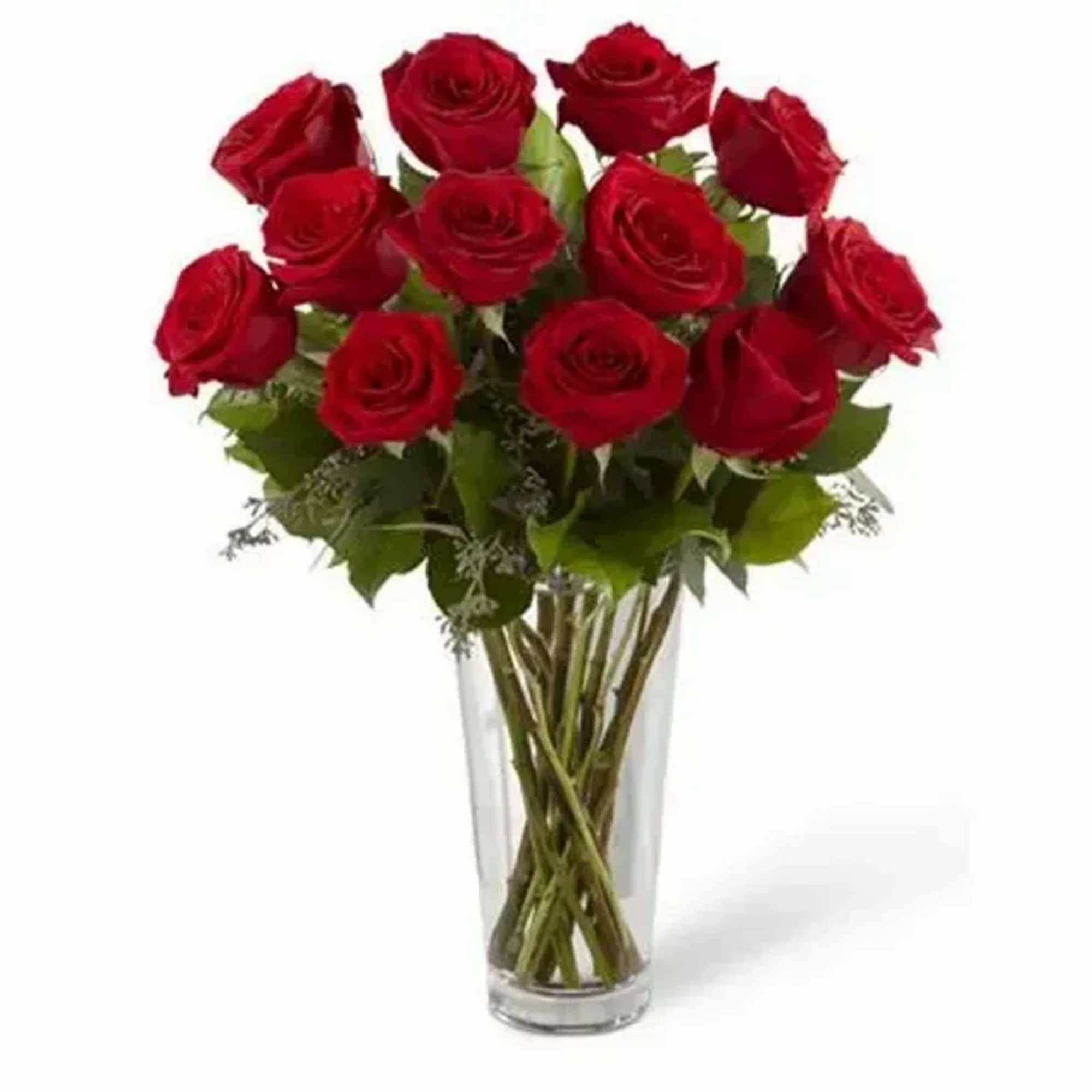 Rich red roses are perfectly arranged with seeded eucalyptus in a classic