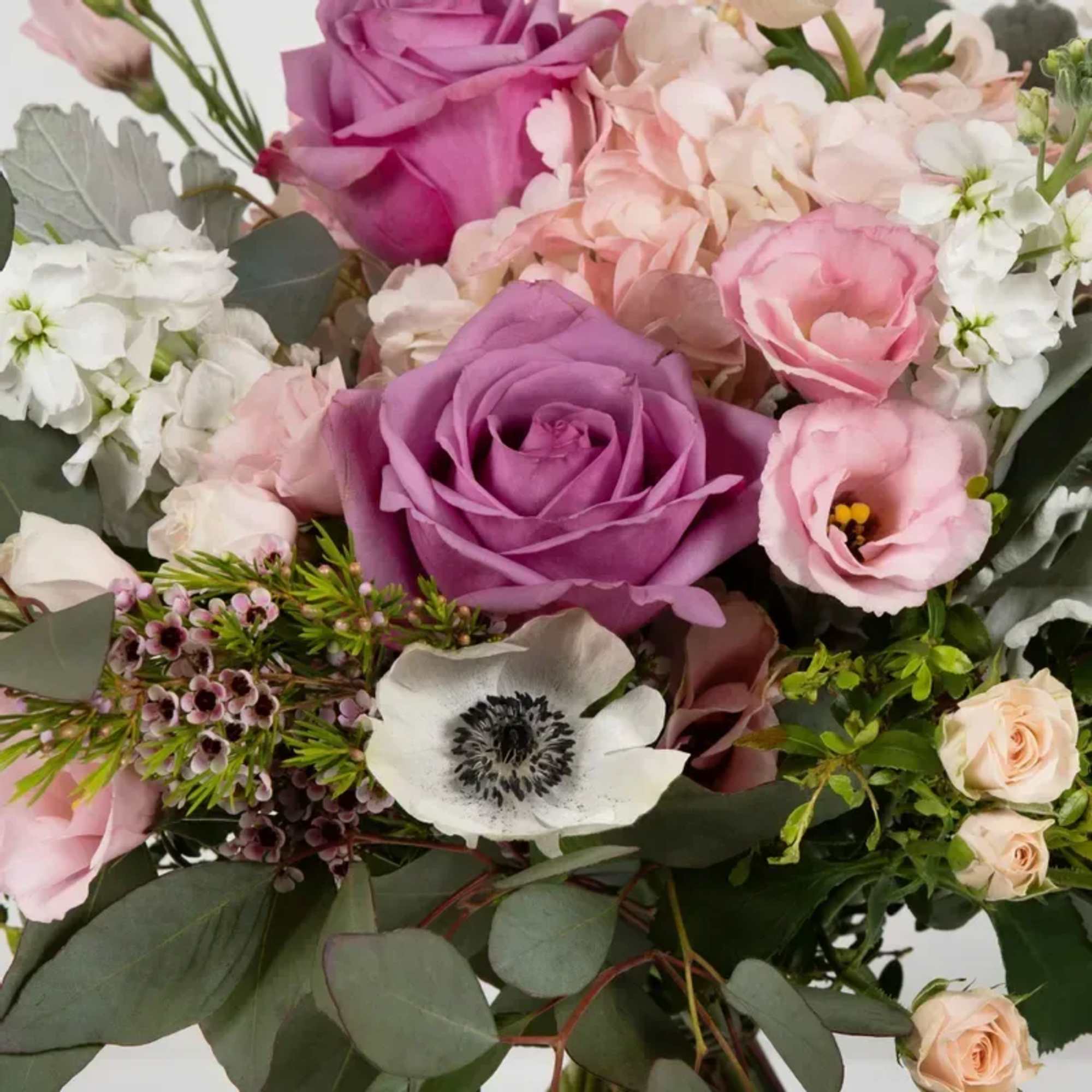 Cool off with this lovely bouquet of roses and hydrangeas.
