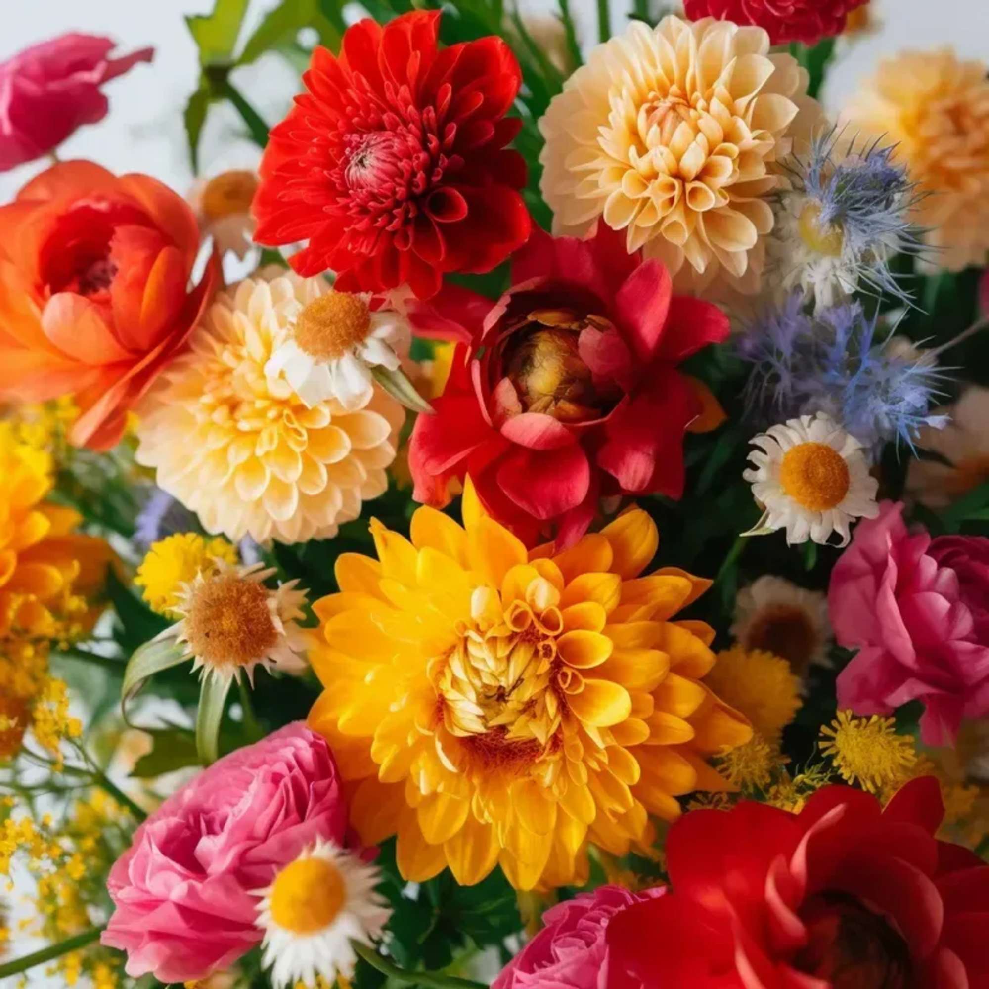 An arrangement of seasonal blooms for Summer arranged no vase. PLEASE NOTE: