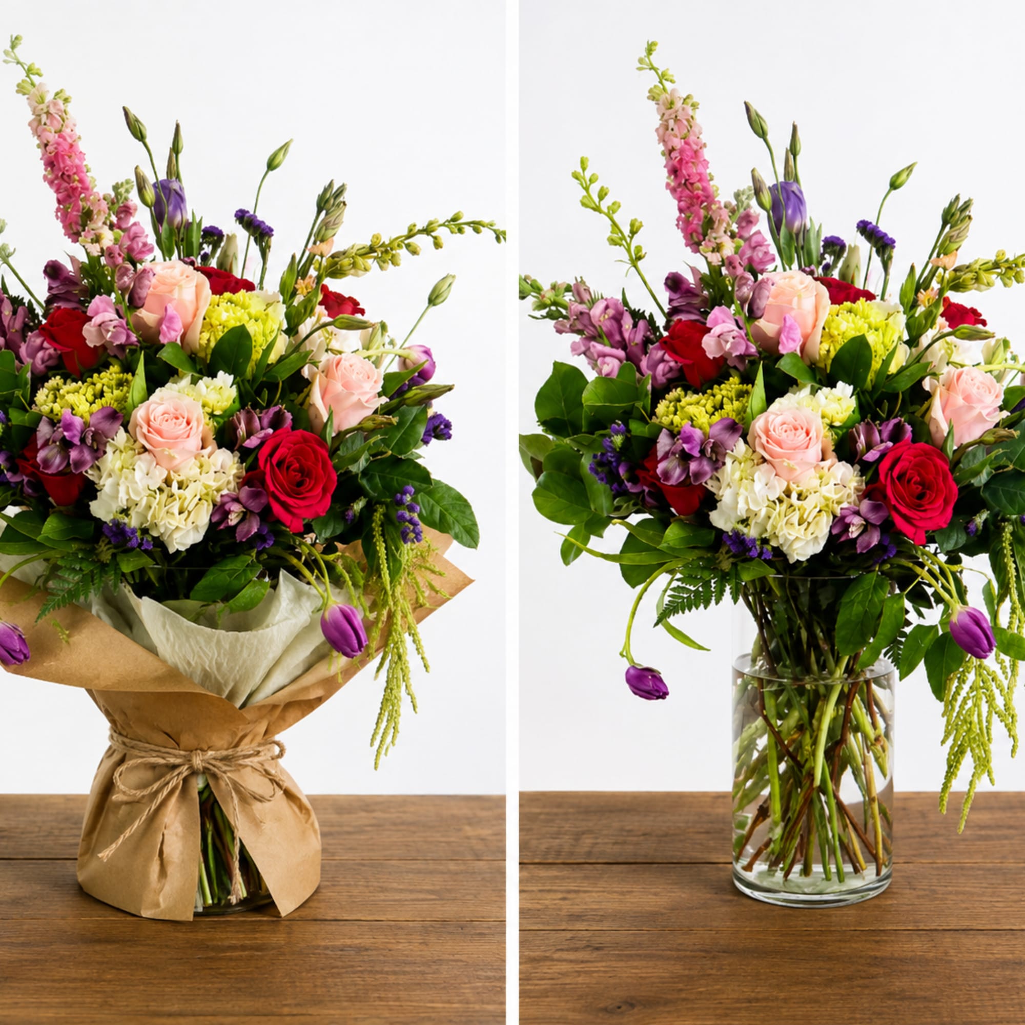 Choose your flowers wrapped in our signature kraft paper for a hand-tied